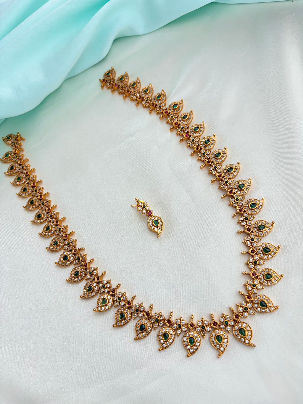 Premium Mango Motif Long Haram Set with Emerald and Ruby Stones with Earrings Lh598