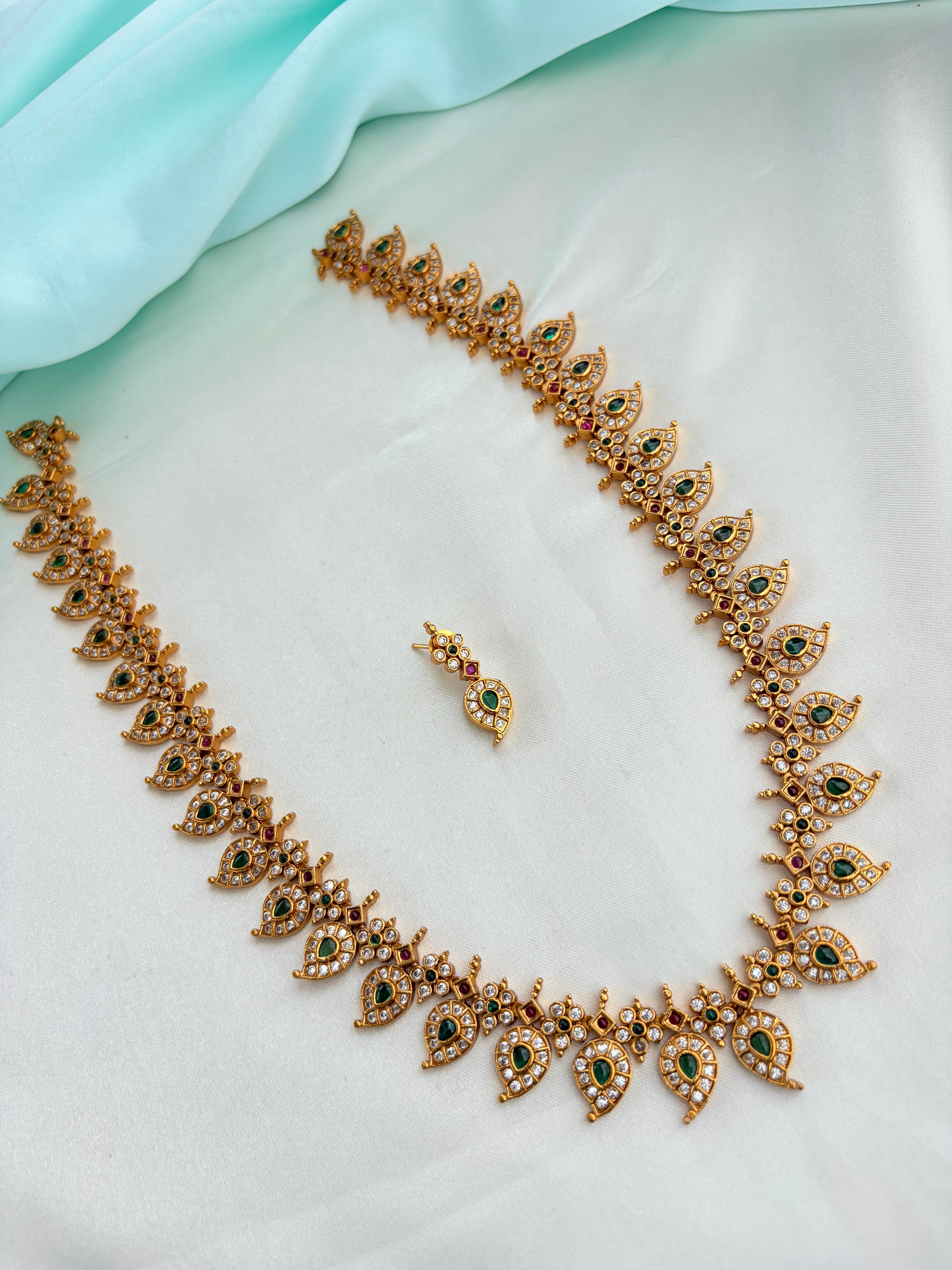 Premium Mango Motif Long Haram Set with Emerald and Ruby Stones with Earrings Lh598