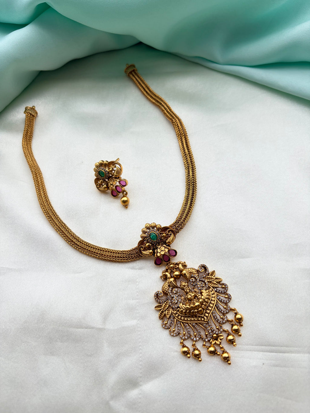 Lakshmidevi multi stones peacock nano thread short neckset with earrings ns270