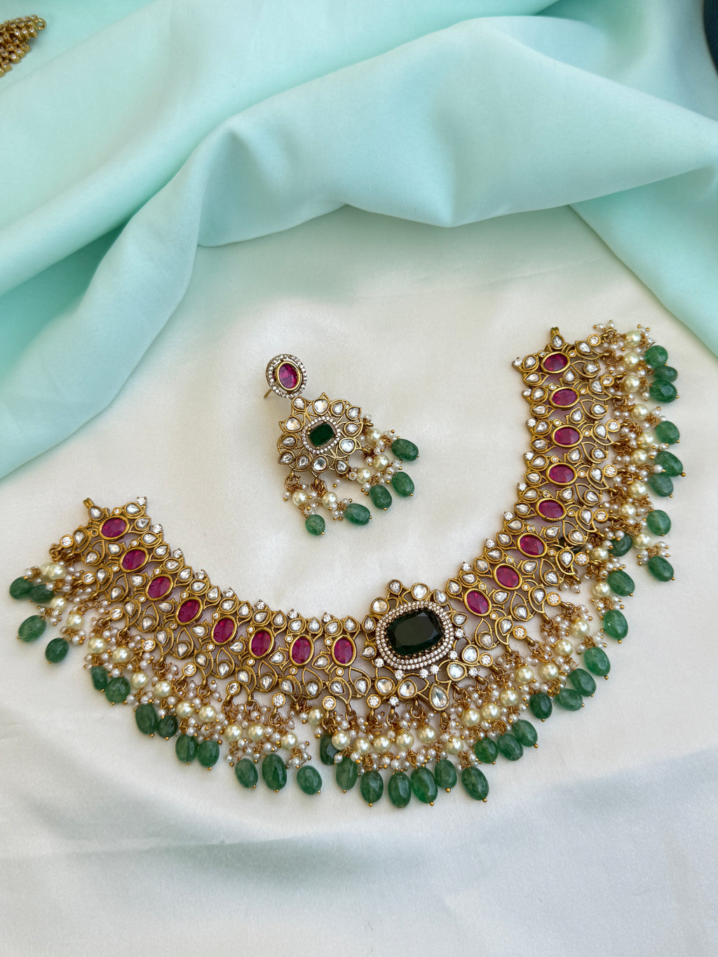 Emerald Kundan Choker Neckset with earrings ns10004