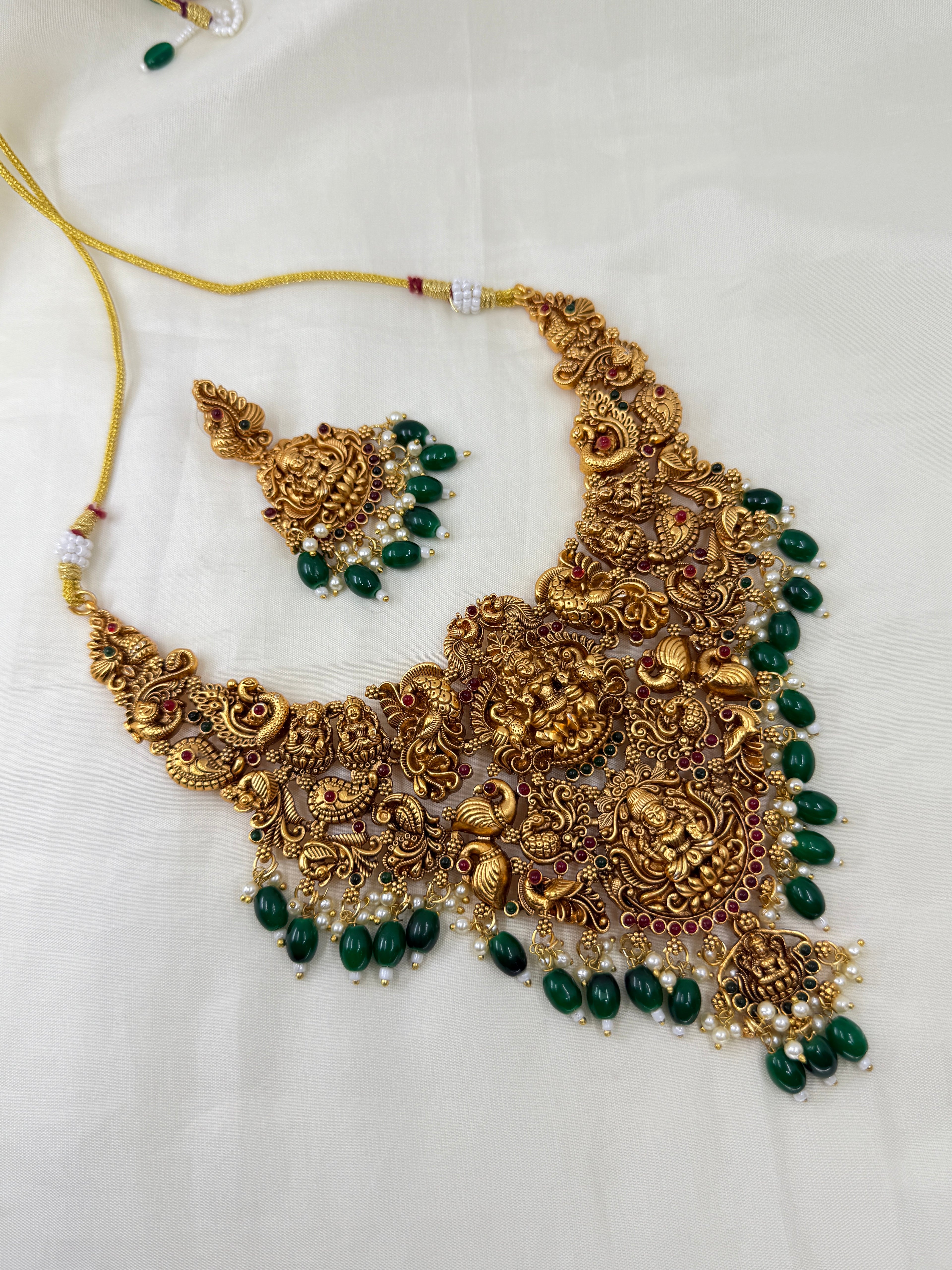 Ns286 Lakshmi Devi green beads heavy neckset