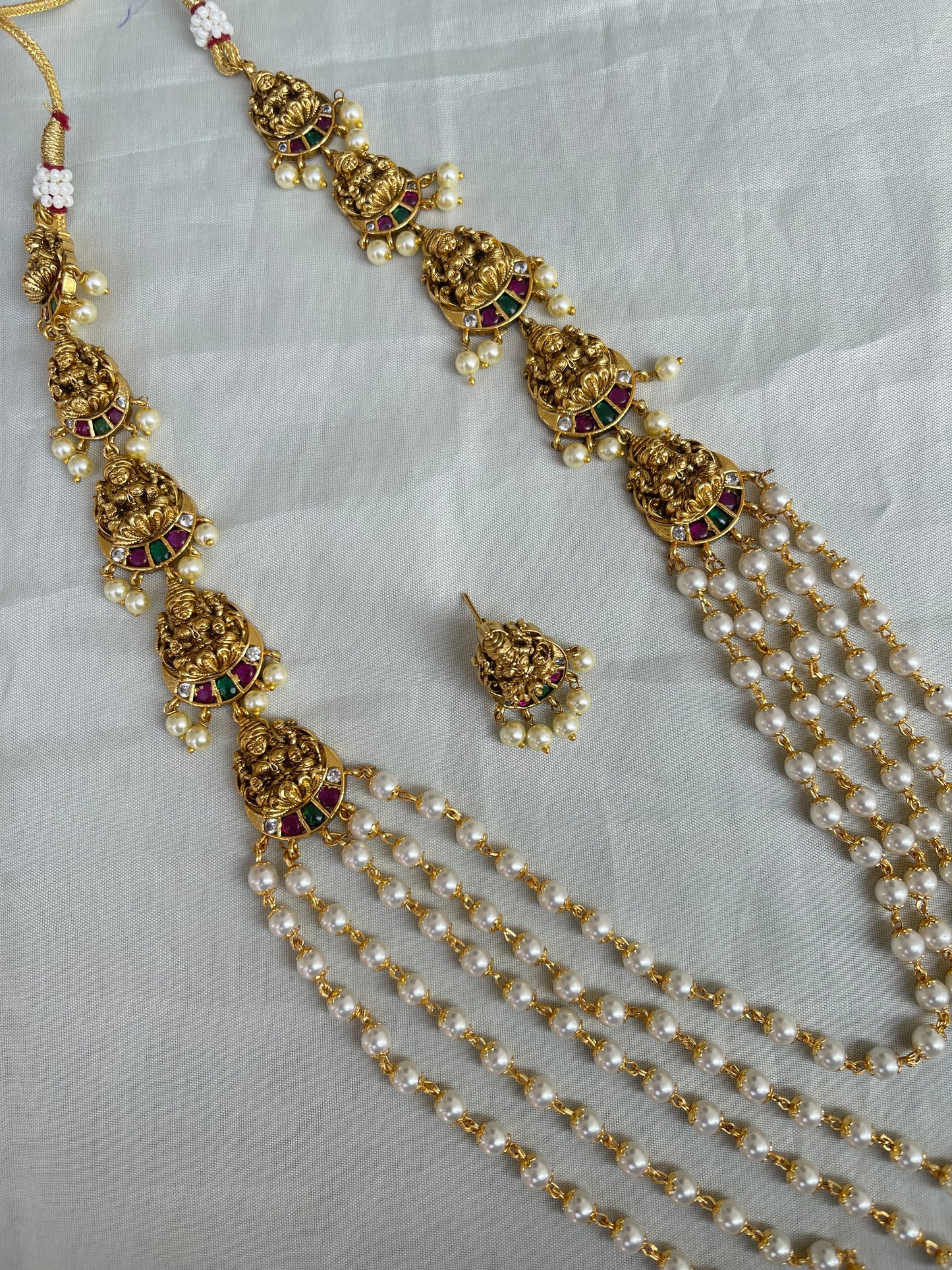 Antique finish lakshmi devi pearl long chain