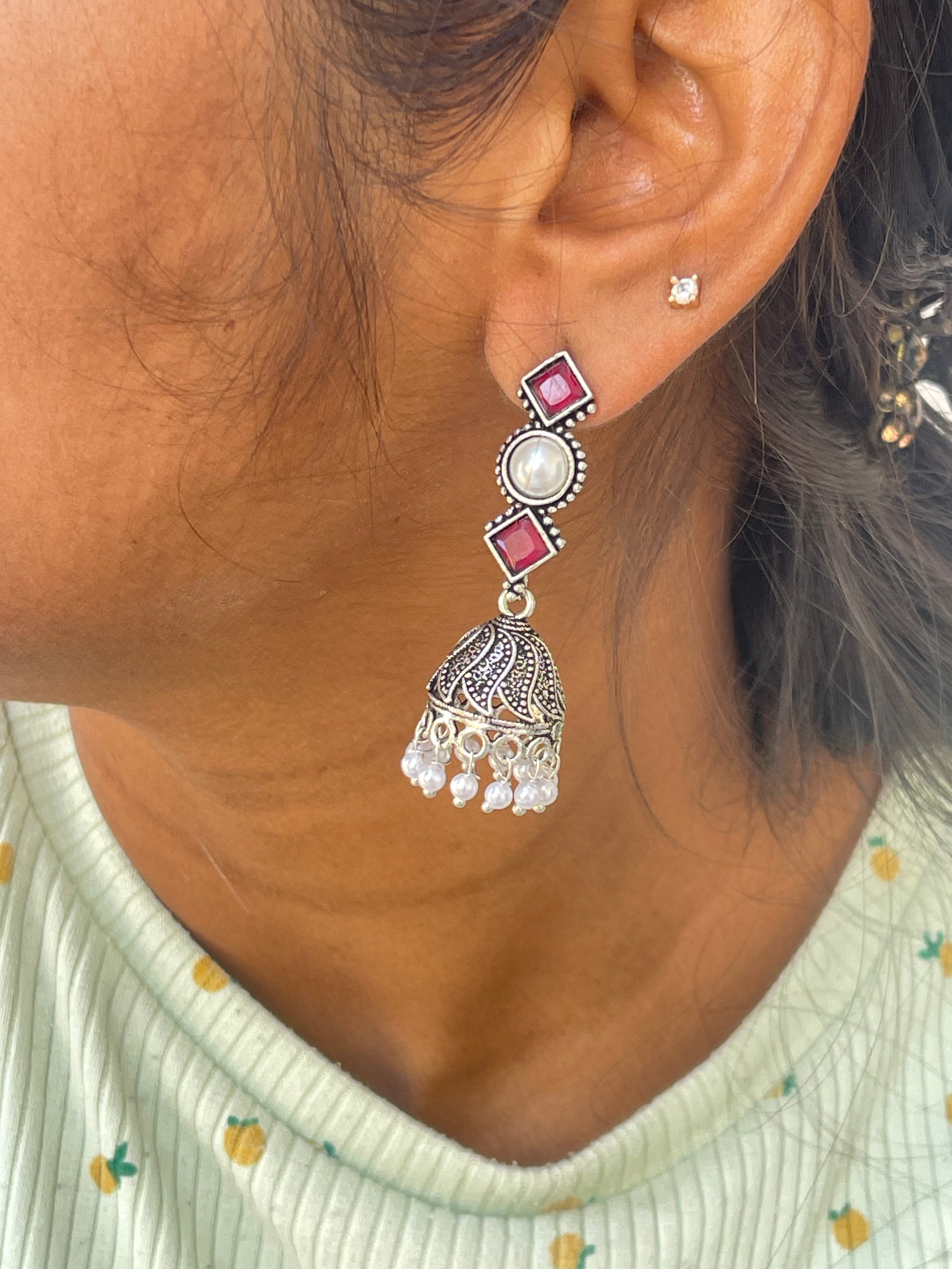 Lightweight pearl ruby green oxidised earrings