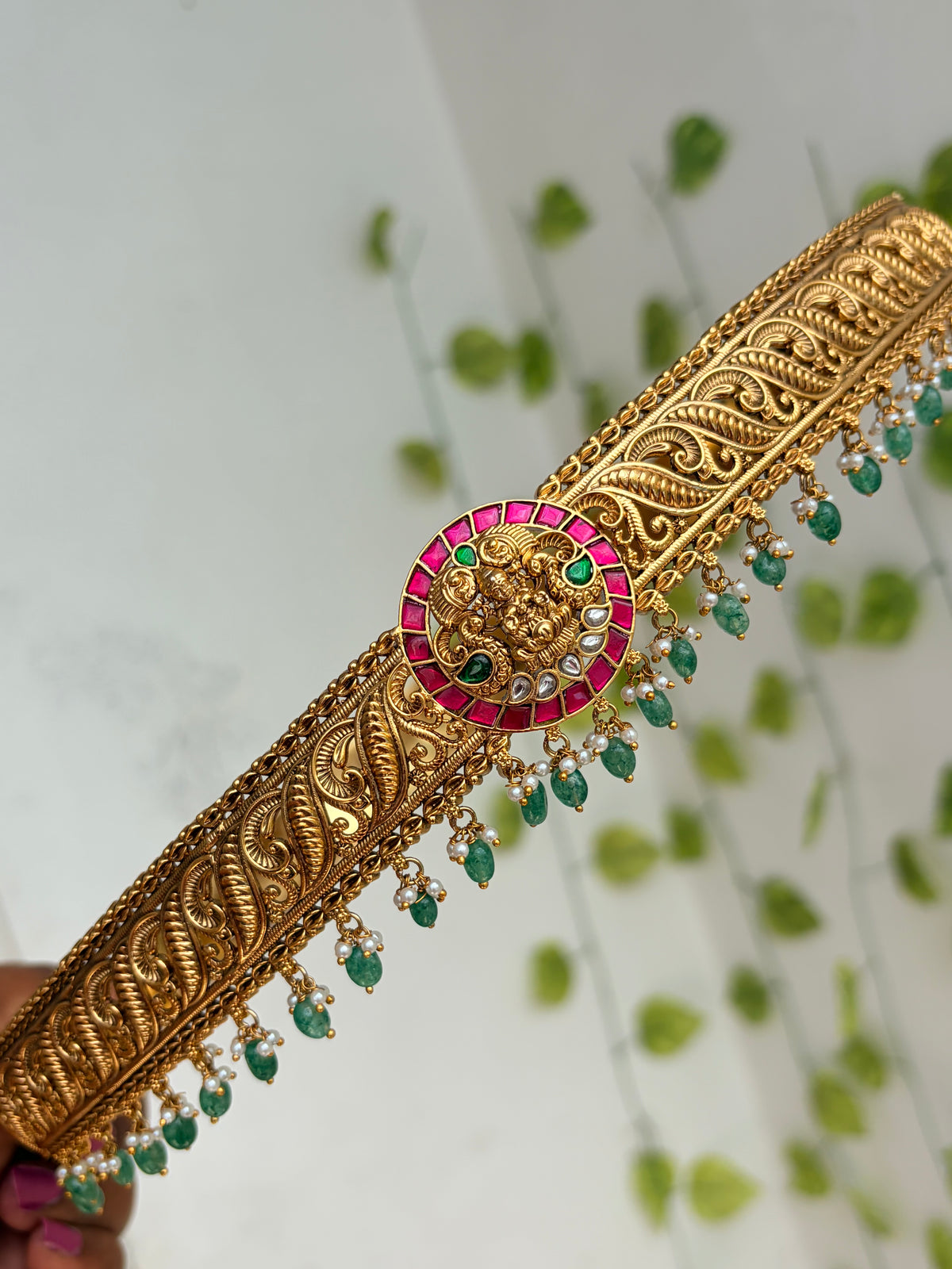 Lakshmidevi jadau Kundan duke with green beads adults hipbelt hb803