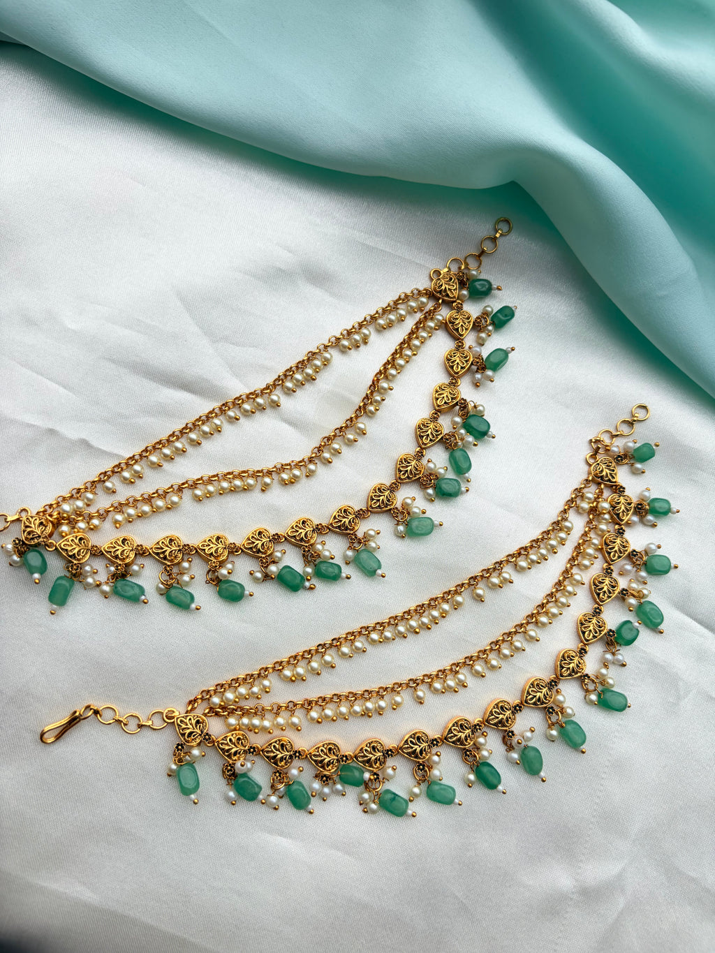 Unique 3 layers pearls and leaf design green beads Chempaswaralu ch246