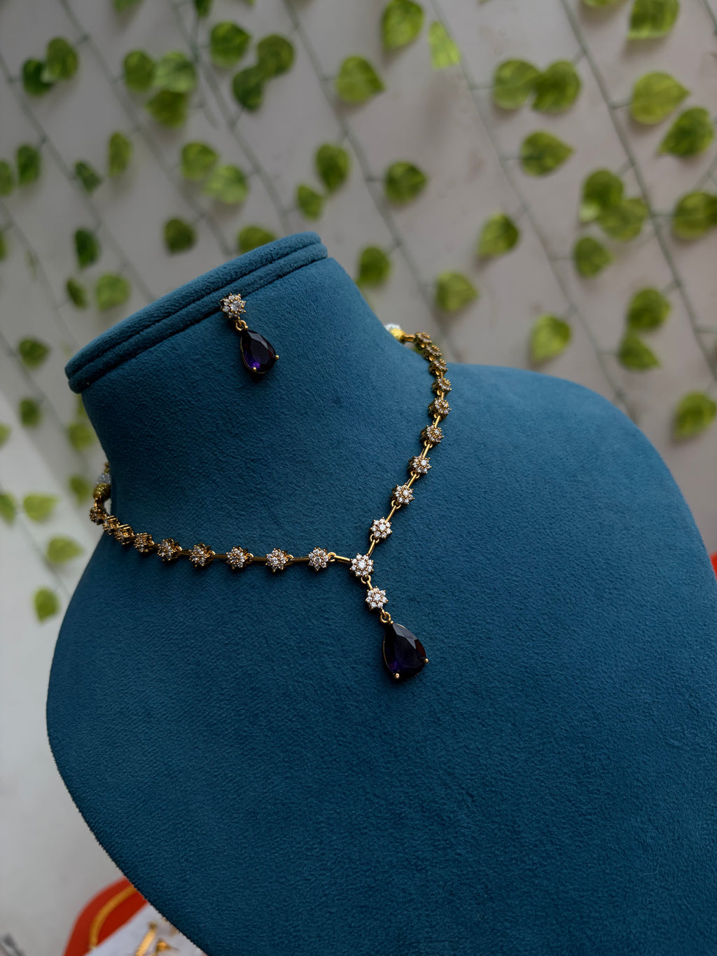 Ns884 small flowers blue drop short neckset with drop earrings
