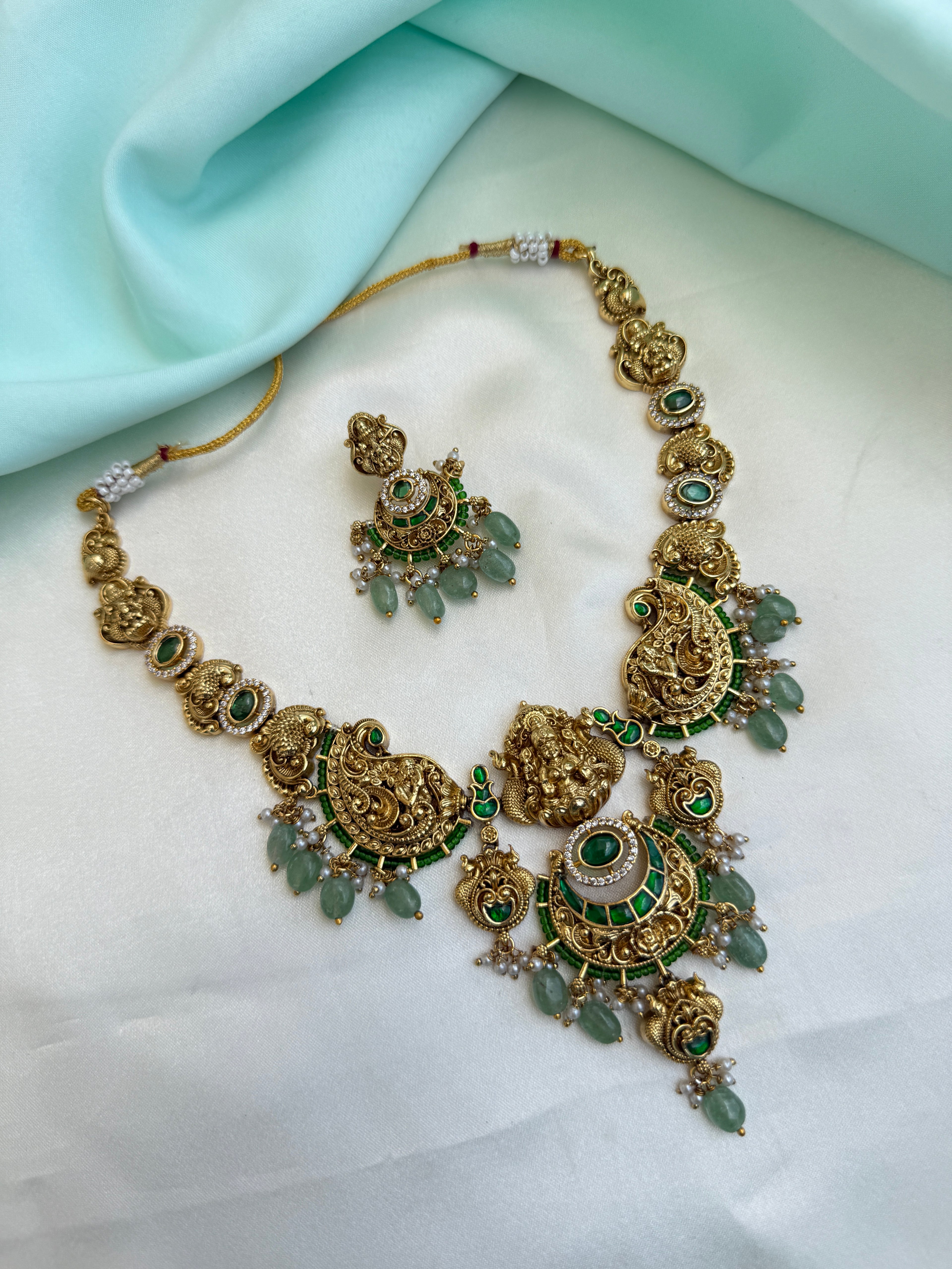 Emerald peacock Neckset lakshmi devi pendant earrings ns229