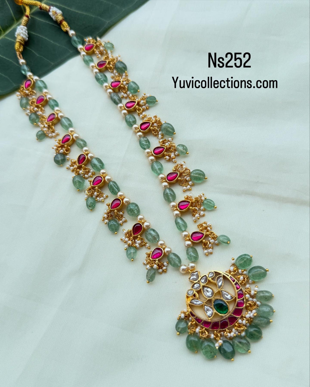 Ns252 green Beads jadau Kundan chain