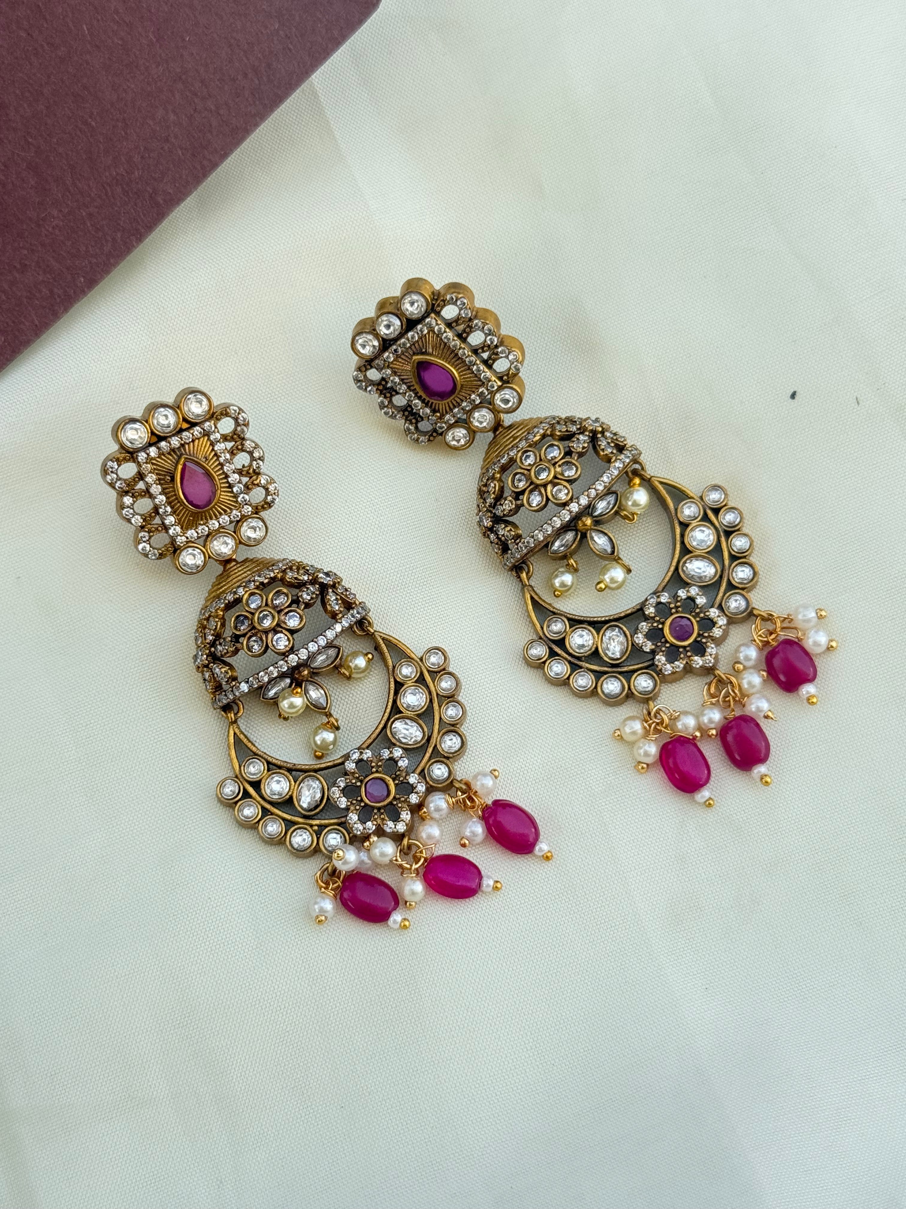 Er2054 mehandi finish pink beads chandbali earrings