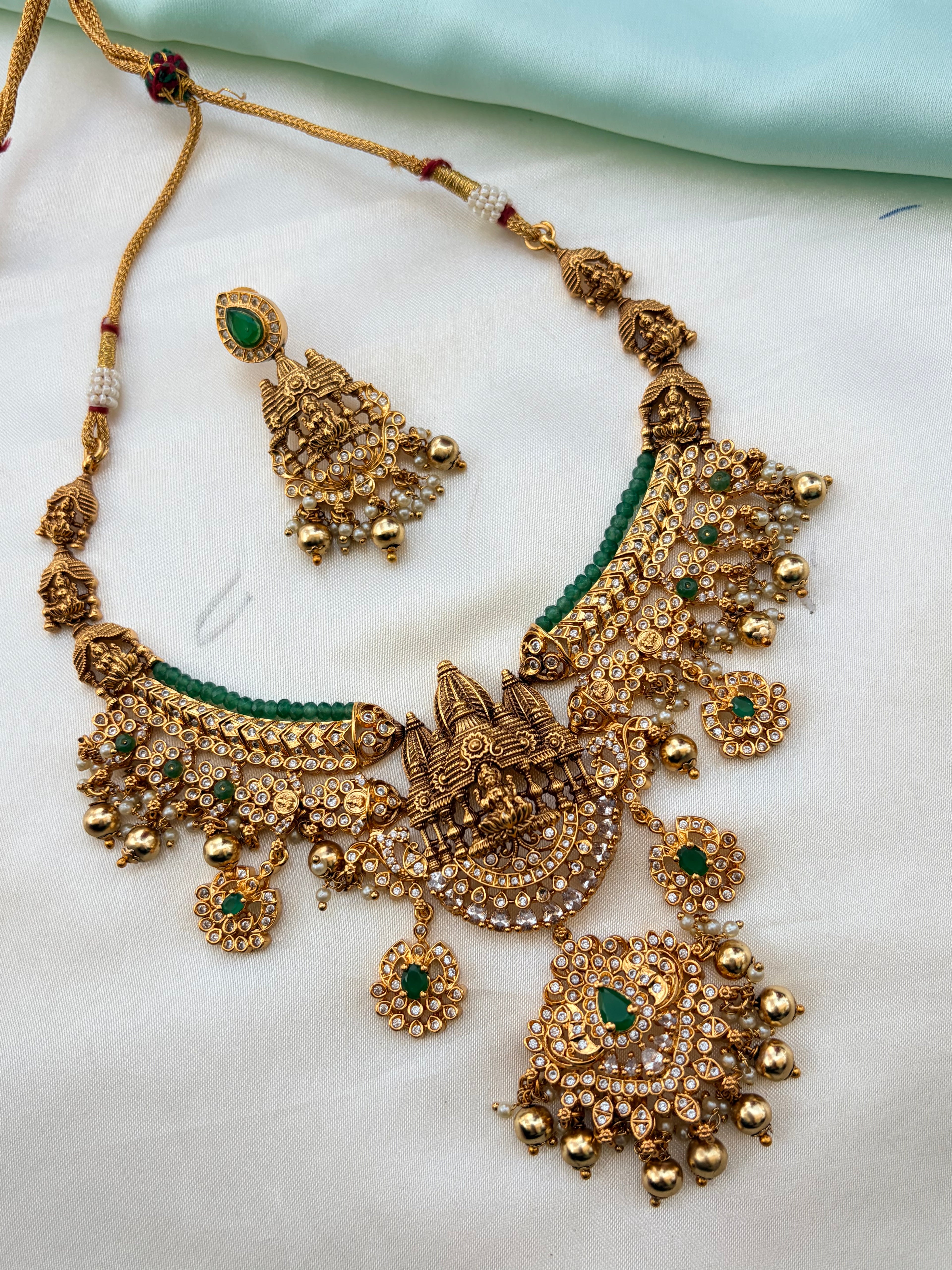 Lakshmidevi stones with gold balls short Neckset  with earrings ns951