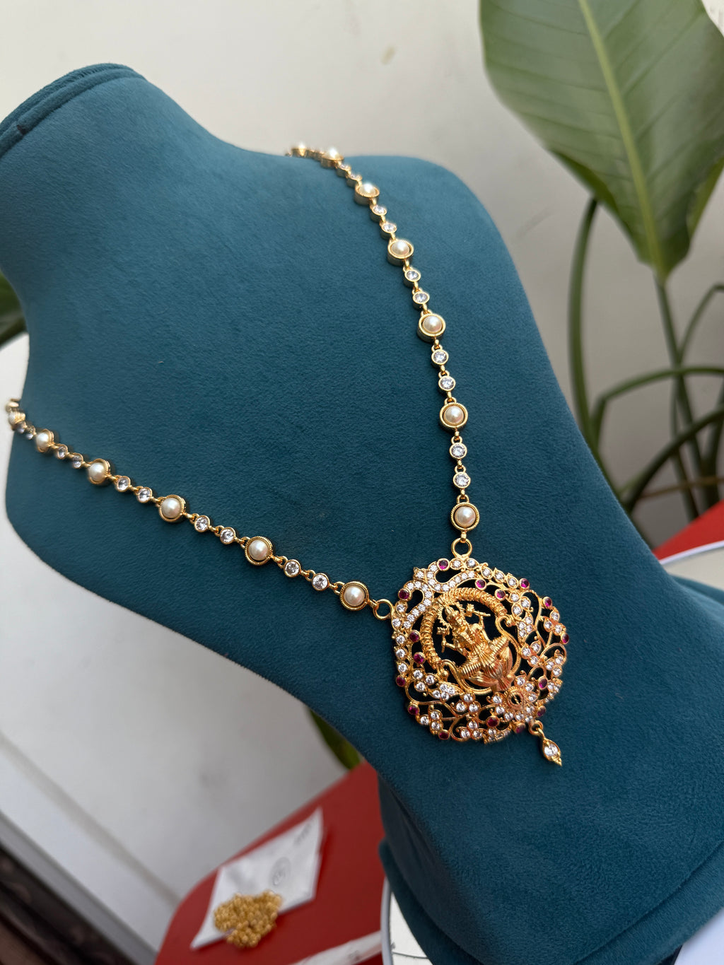 Ph131 panchaloham long pearl chain with Lakshmi Devi pendant