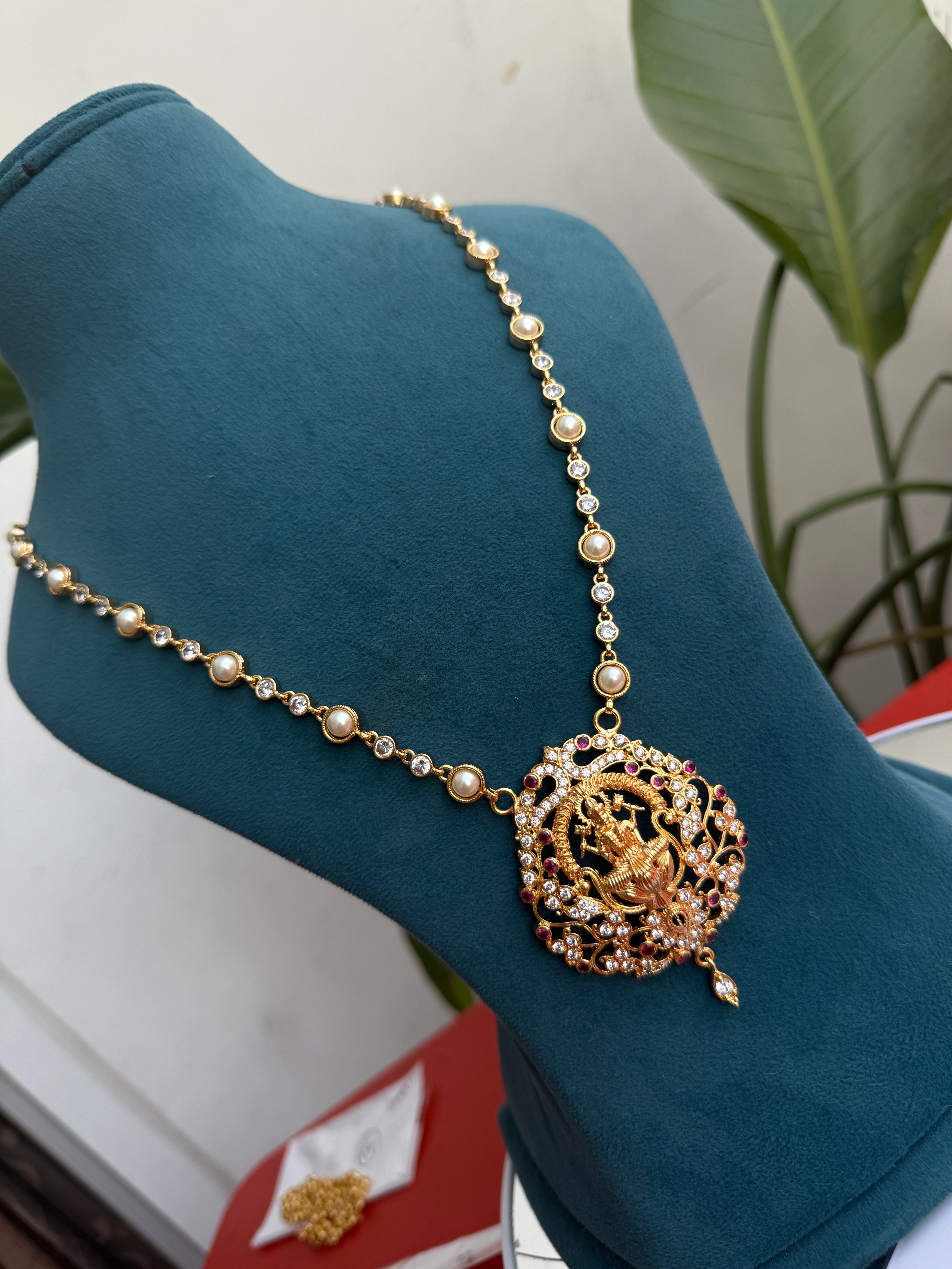Ph131 panchaloham long pearl chain with Lakshmi Devi pendant
