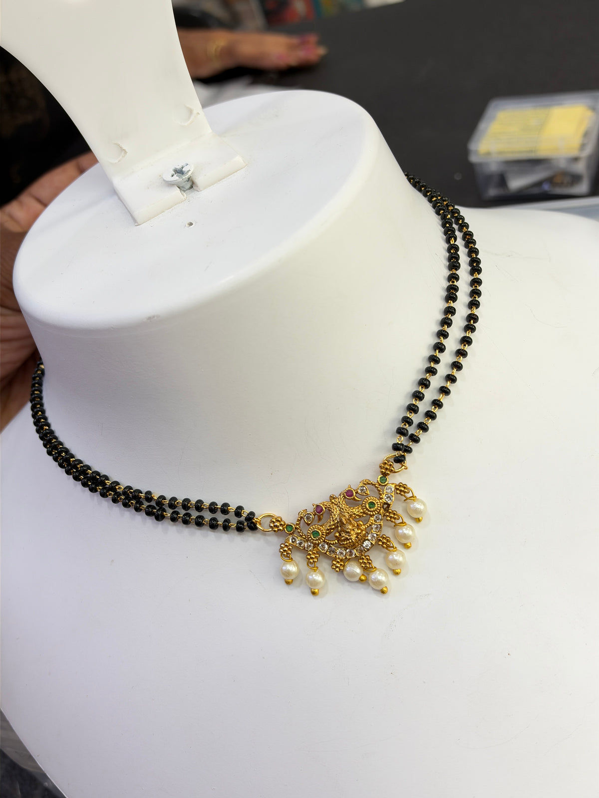 Bb447 Peacock Lakshmidevi multi stones 2 layers 18 inches black beads