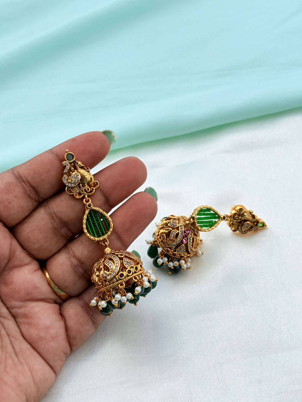 Unique multi green and pink  peacock design butta earrings er945