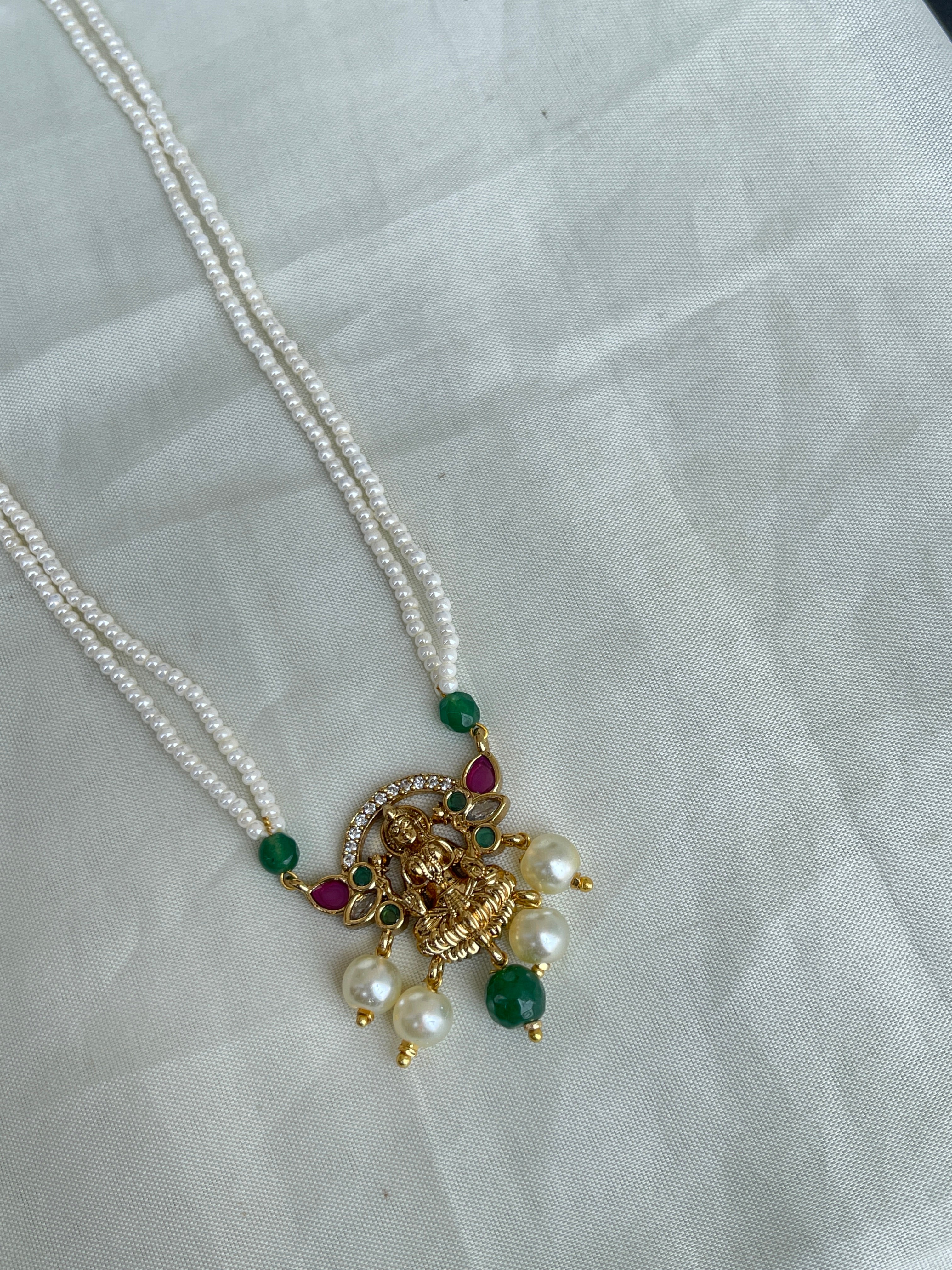 2 lines sugar pearl Lakshmi Devi pendant in ruby and green pc001