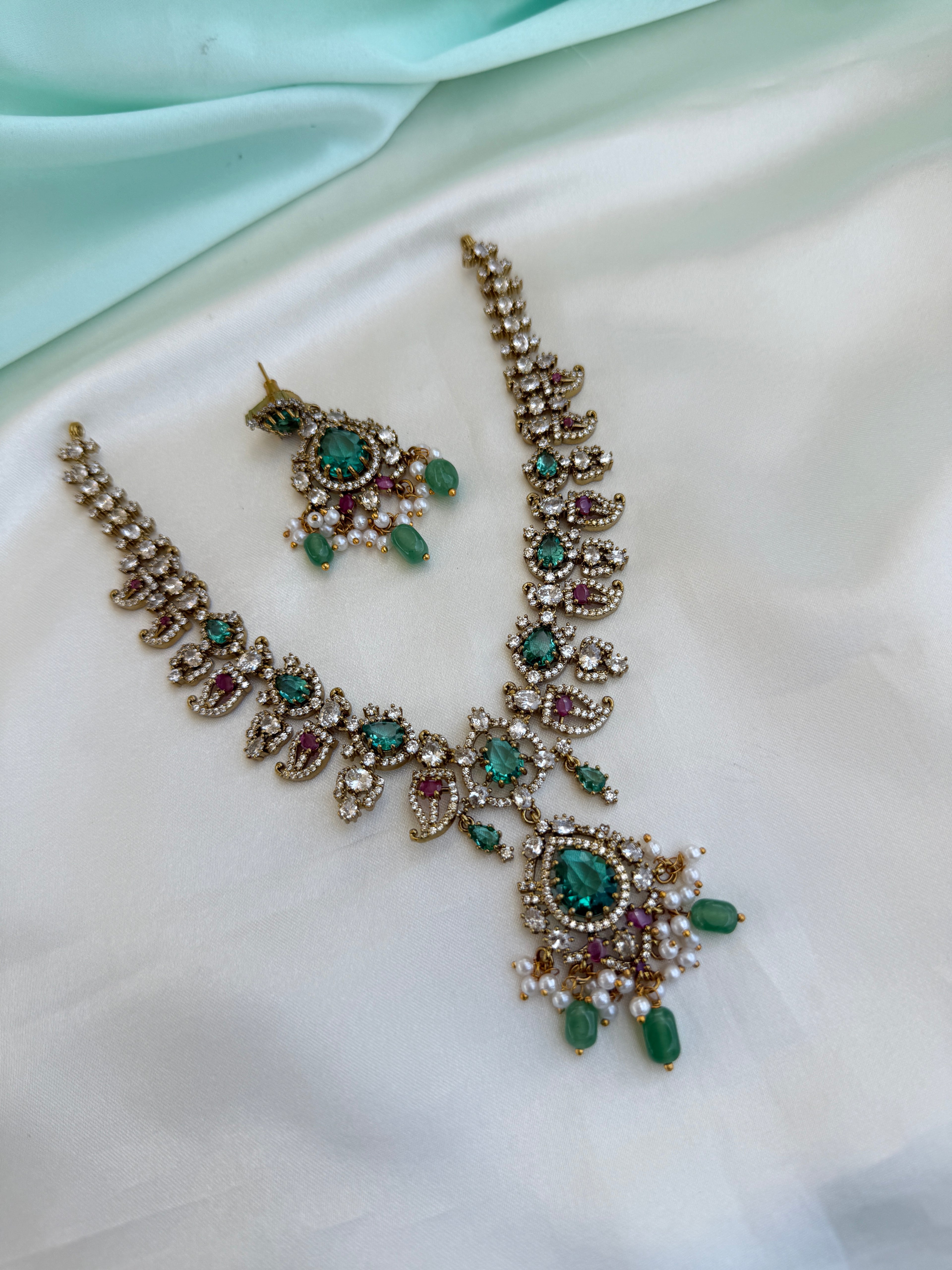 Elegant Emerald Ruby Floral Neckset with Pearl drops with earrings ns903