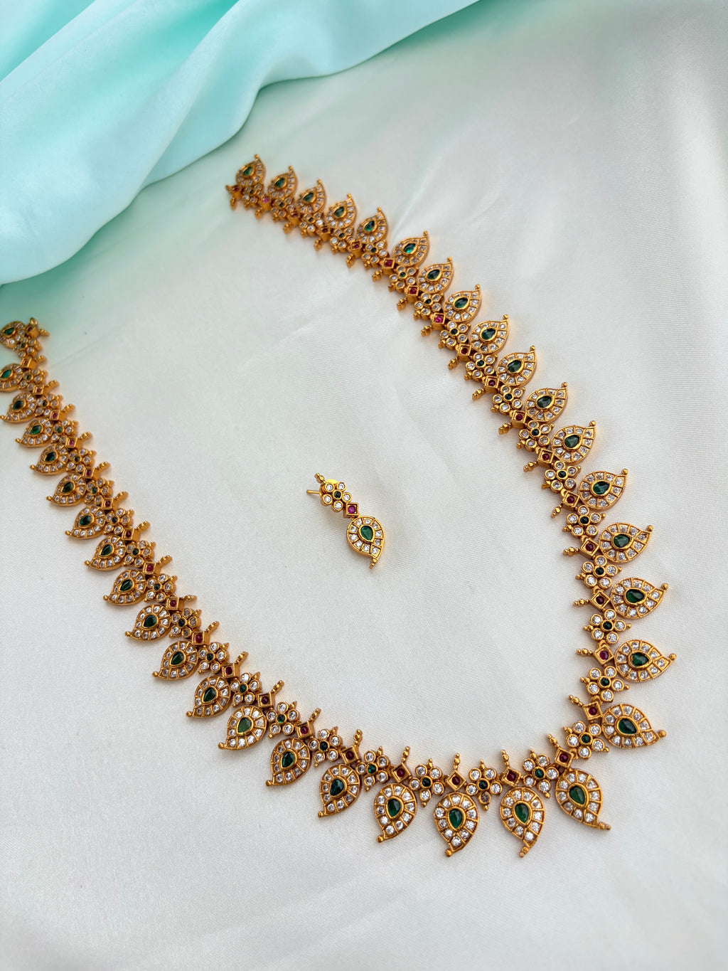 Premium Mango Motif Long Haram Set with Emerald and Ruby Stones with Earrings Lh598