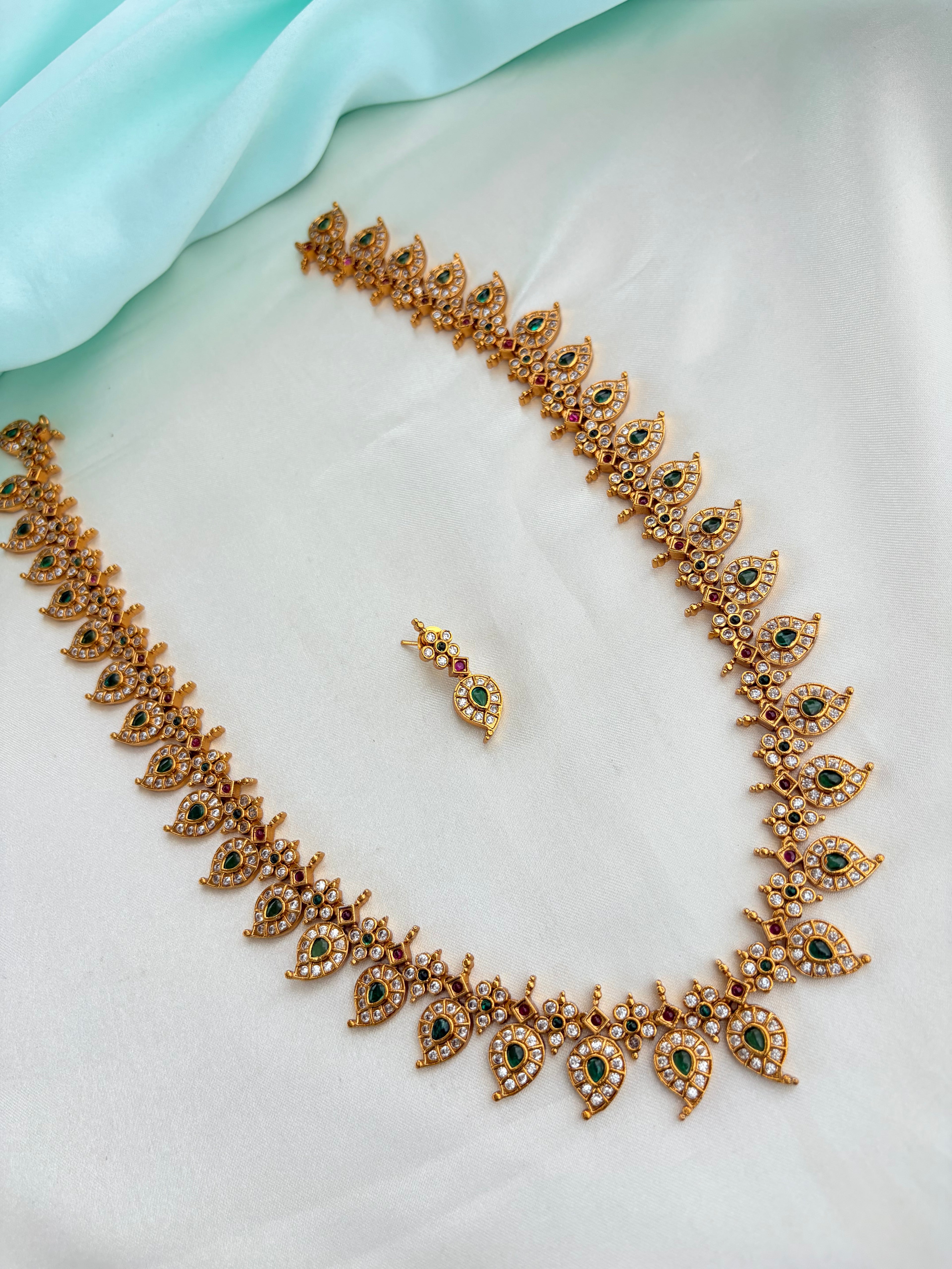 Premium Mango Motif Long Haram Set with Emerald and Ruby Stones with Earrings Lh598