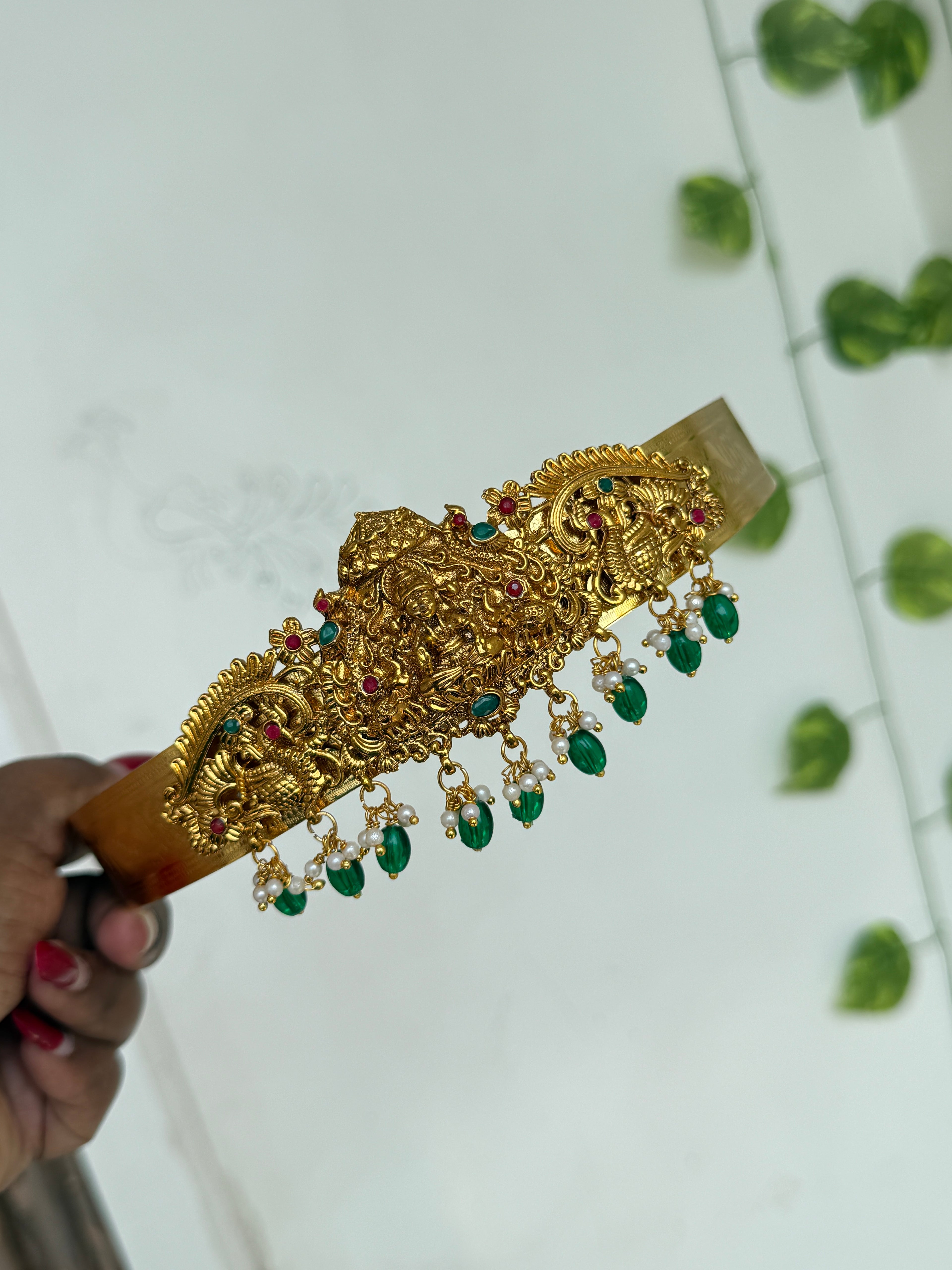 Hb672 lakshmidevi peacock with green beads multi small hipbelt