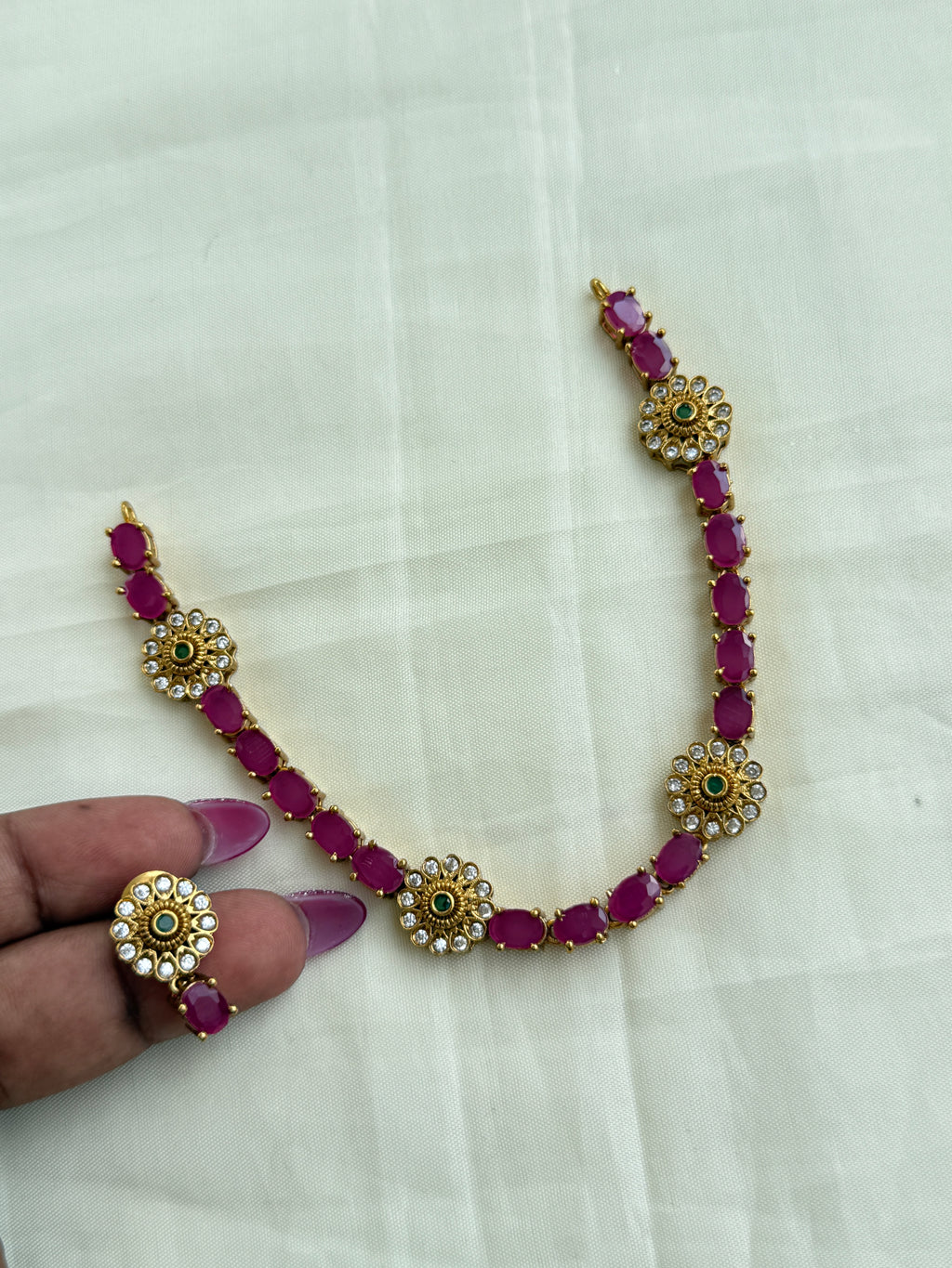 Ns273 pink stone flower necklace with earrings