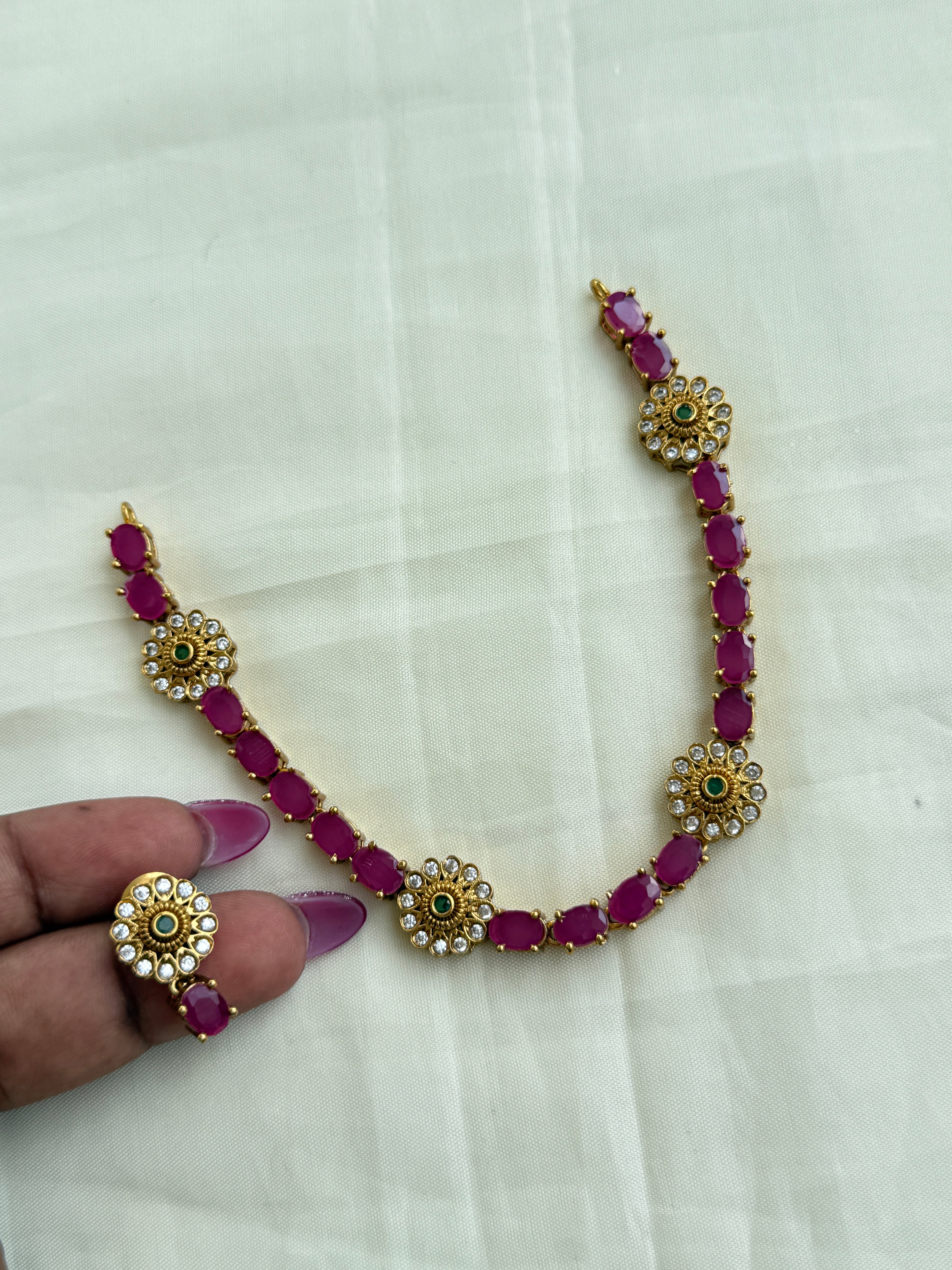 Ns273 pink stone flower necklace with earrings