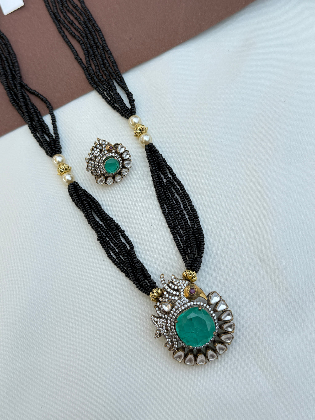 Bb083 6 lines blackbeads with moissanite pendent and ear studs 18 inches