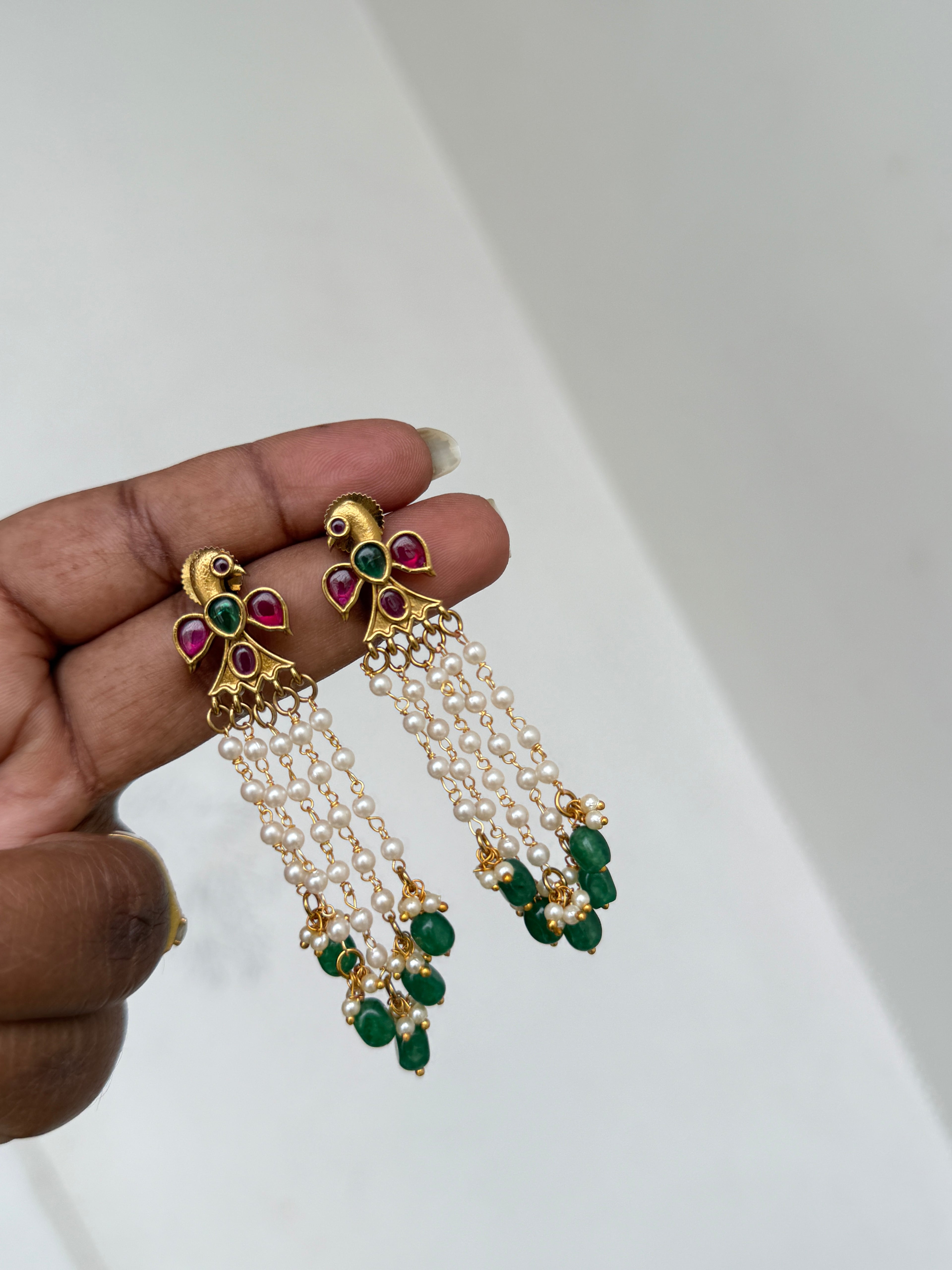 Er141 peacock kemp pearl hanging earrings