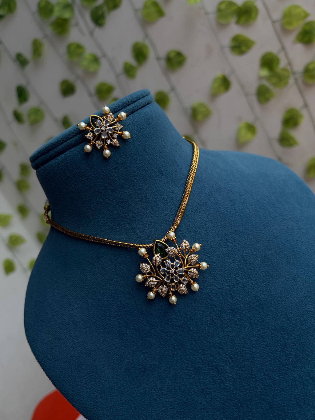 Ns860 green middle flower leaf nano thread removebull pendant 2 in 1 short neckset with studs