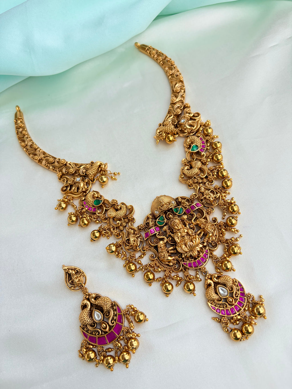 Antique Matte Gold Lakshmidevi Neckset & Earrings with Kemp Stones Ns211