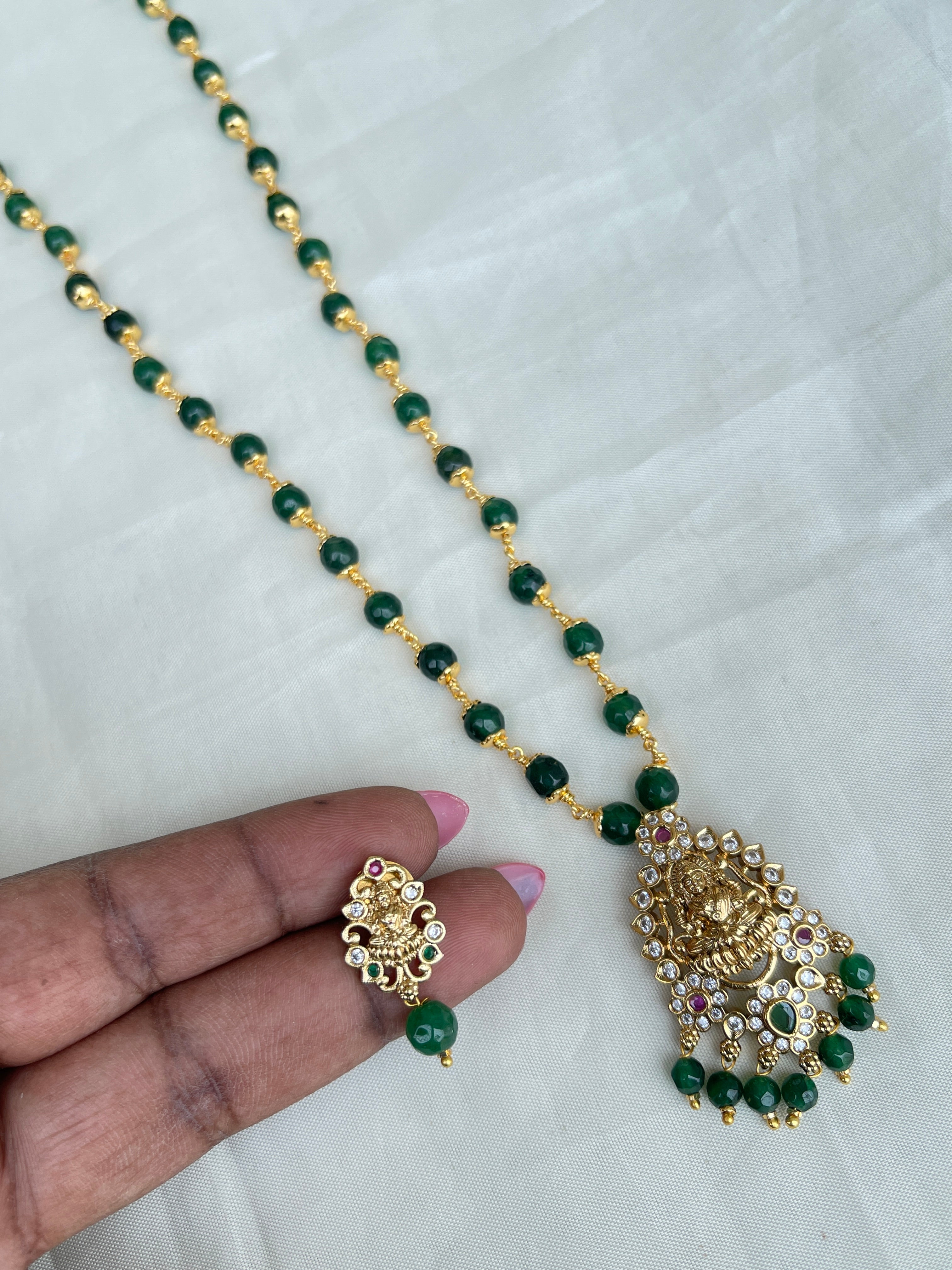 Green ruby Circle beads with kattu theega along with Lakshmi Devi pendant