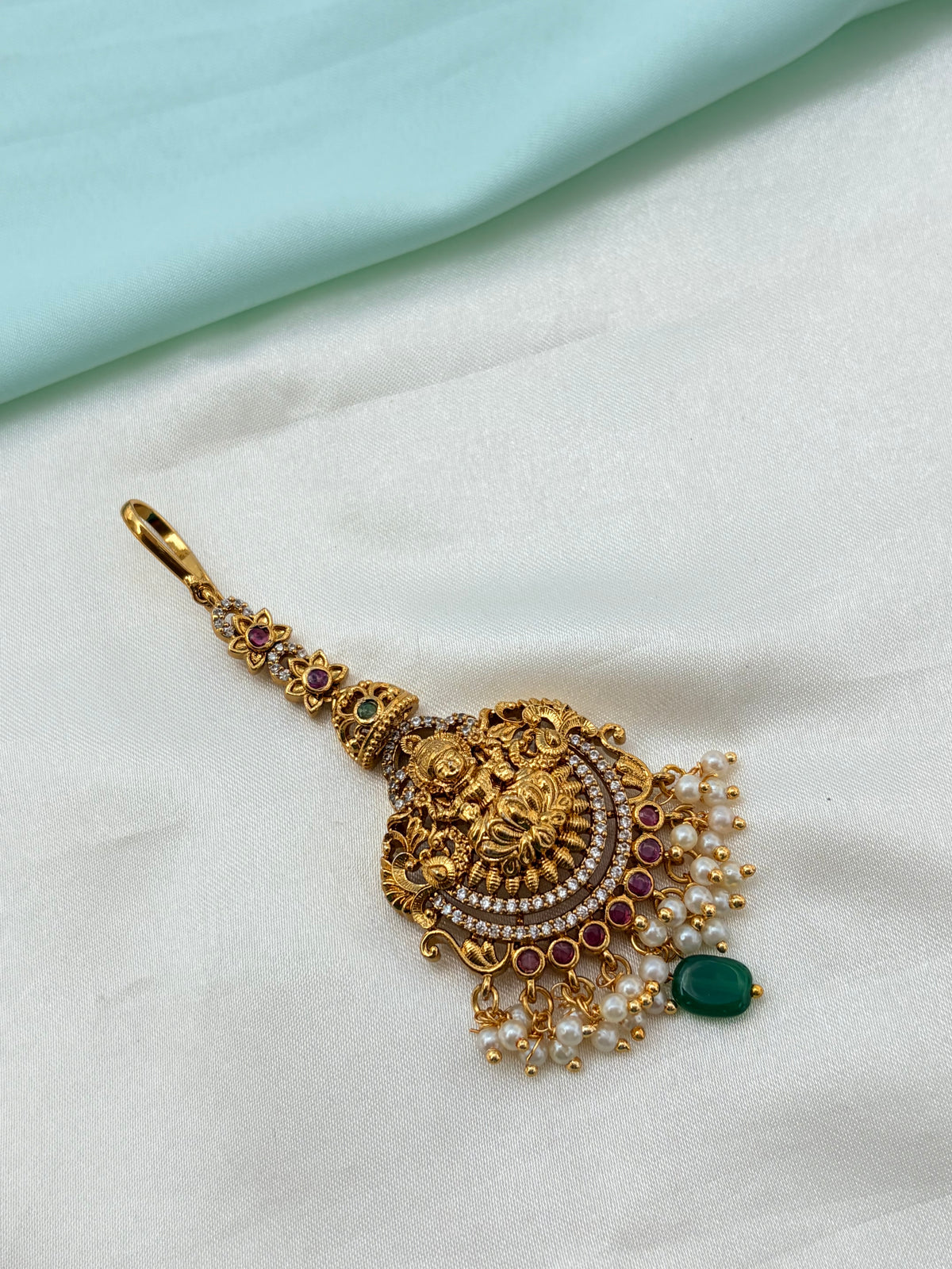 Lakshmidevi stones with green beads pearls tikka tk850