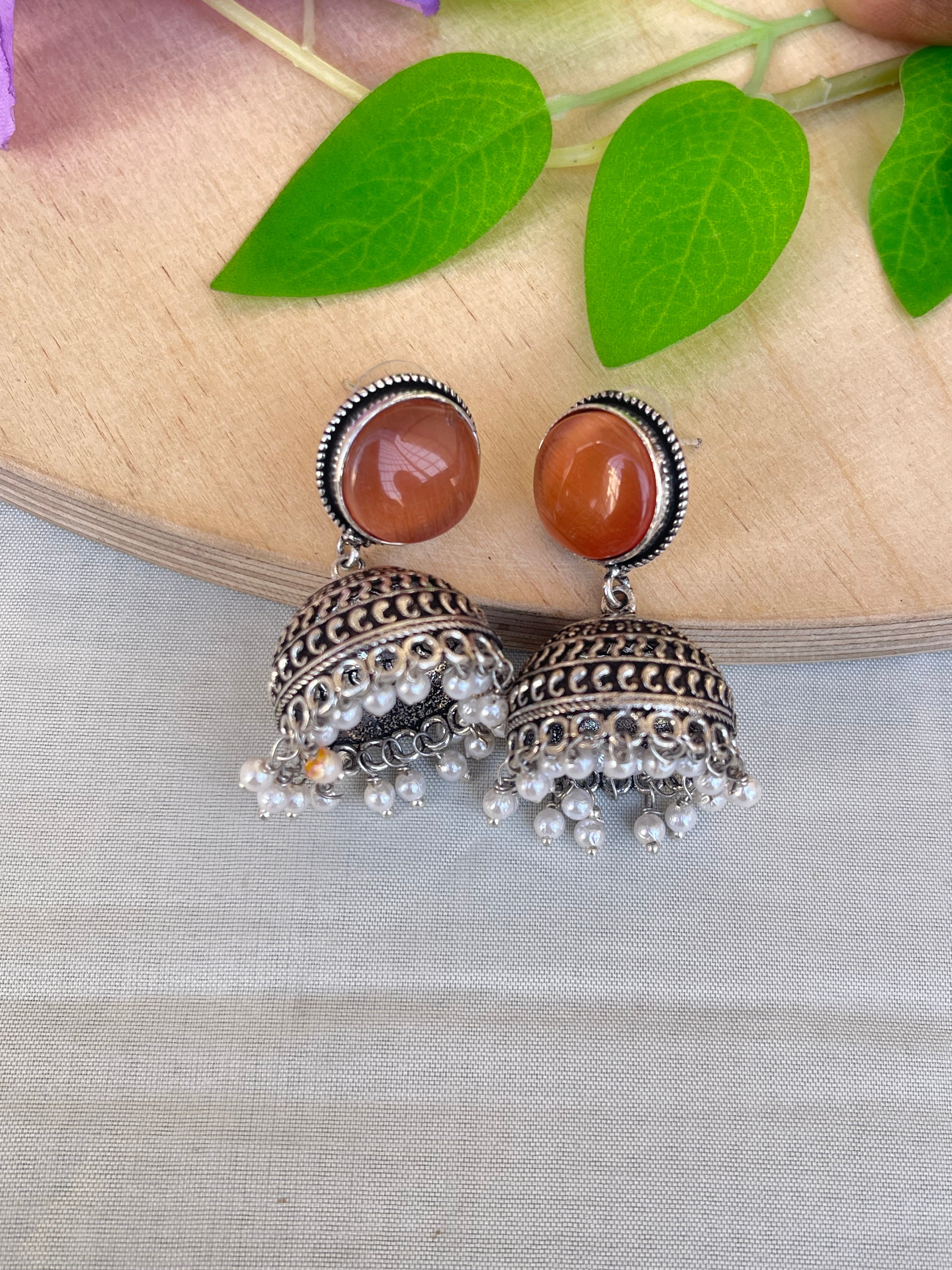 Lightweight oxidised butta earrings in orange and yellow