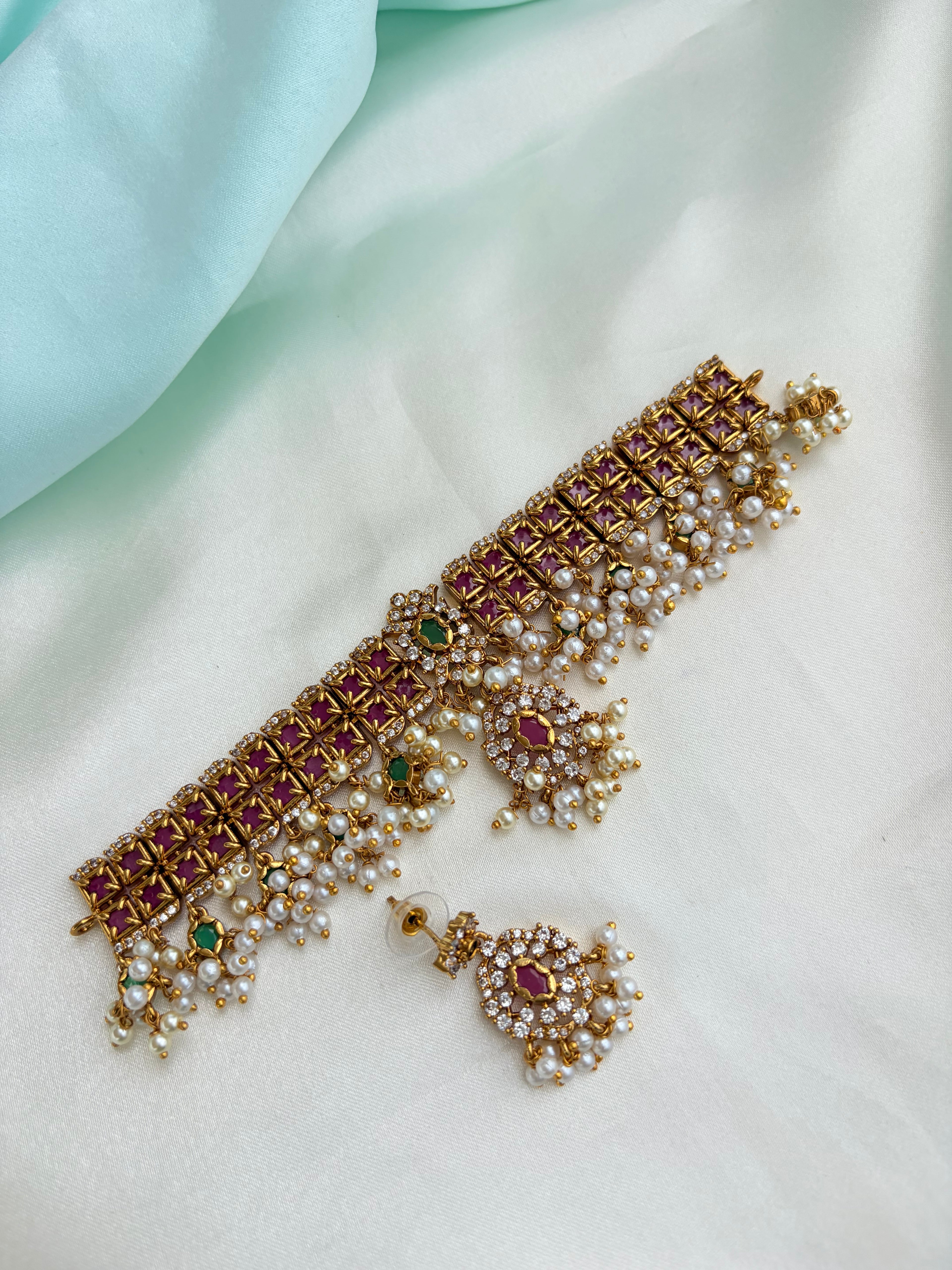 Ruby Pearl Heritage Choker Set with Earrings Ns889