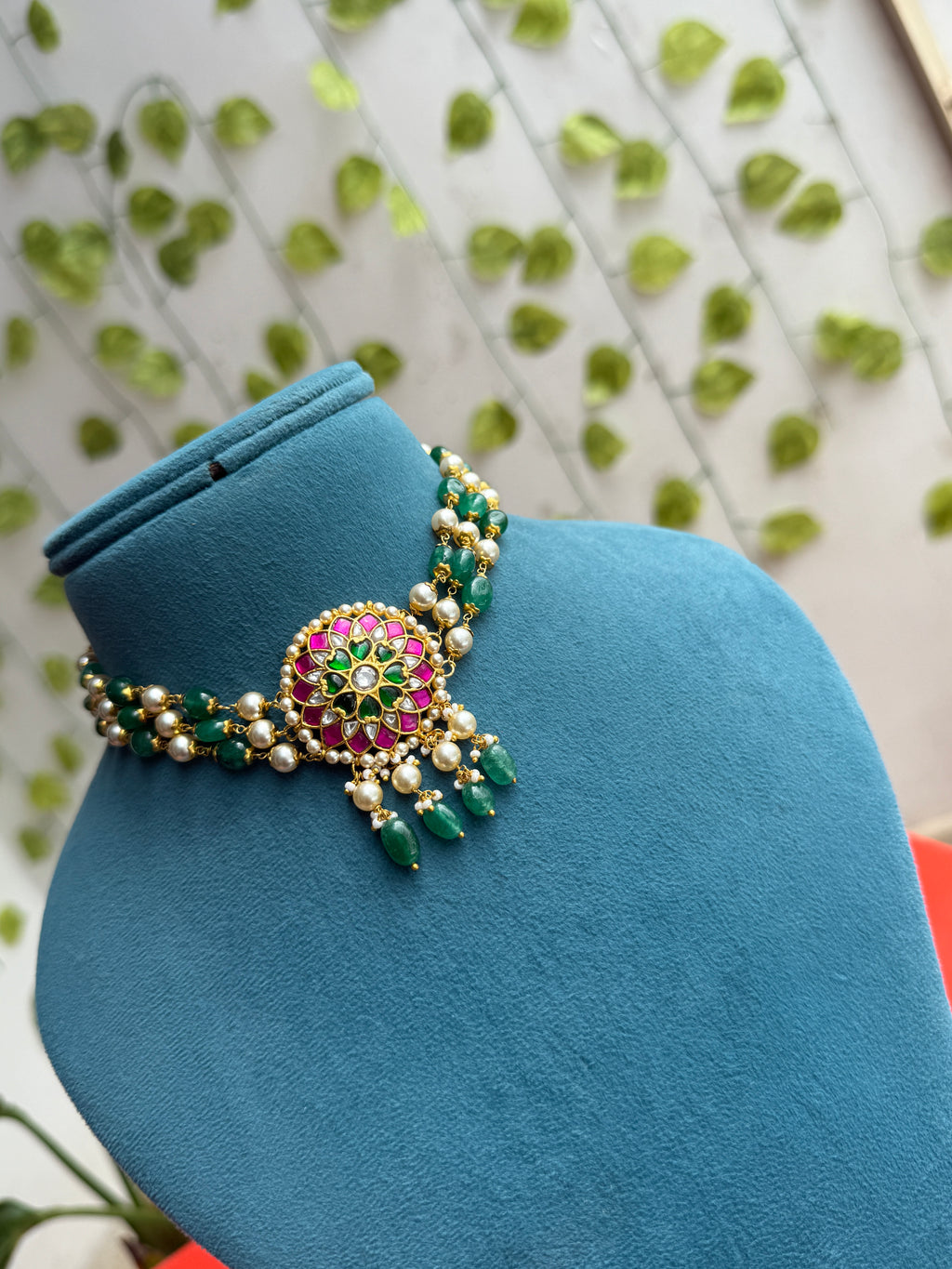 Emerald Meenakari 3 layers Floral Choker neckset  ns987