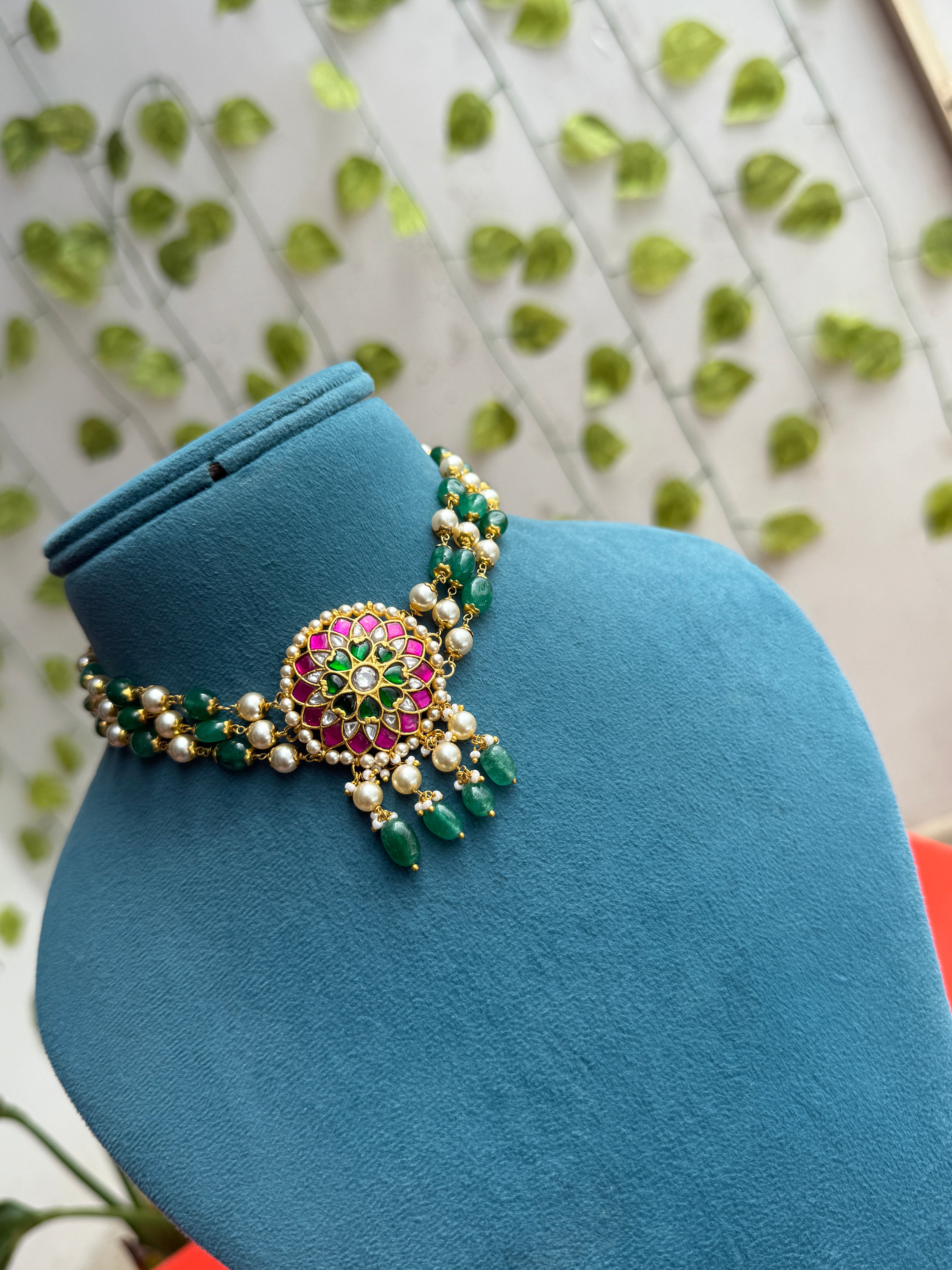 Emerald Meenakari 3 layers Floral Choker neckset  ns987