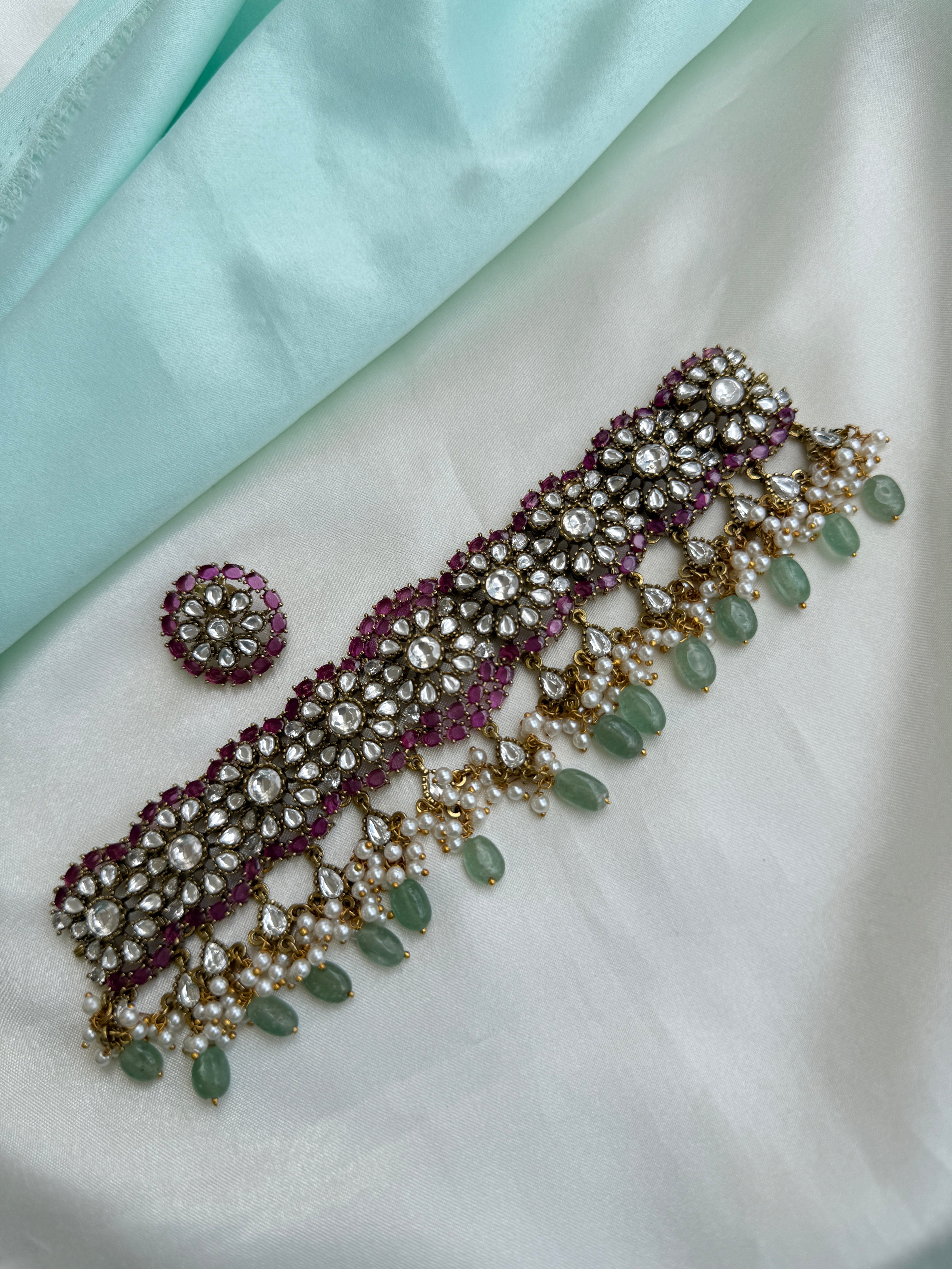 Kundan choker neckset with floral studs ns981