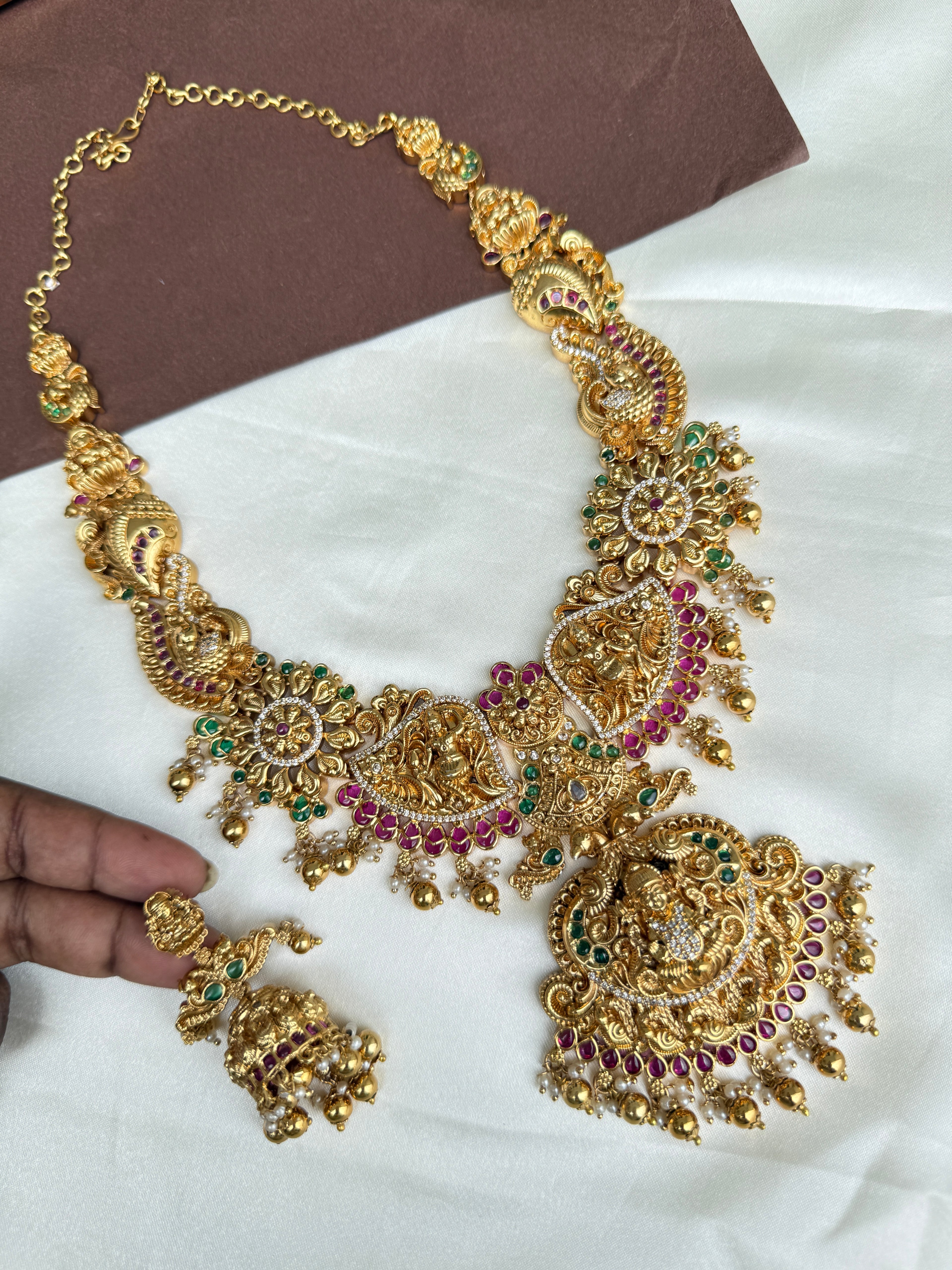 Lh2027 heavy Lakshmi Devi nakshi haram with kemp stones