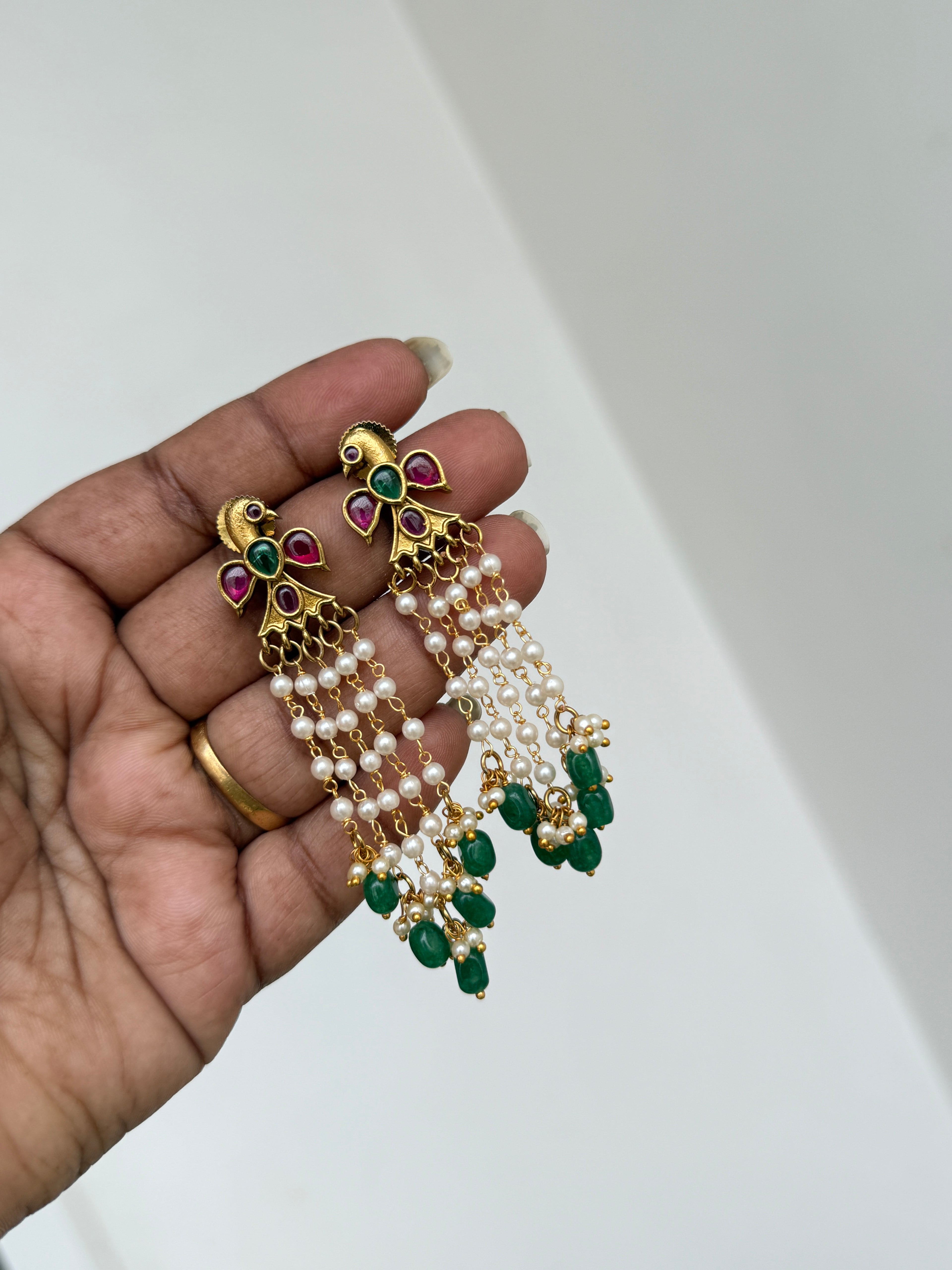 Er141 peacock kemp pearl hanging earrings