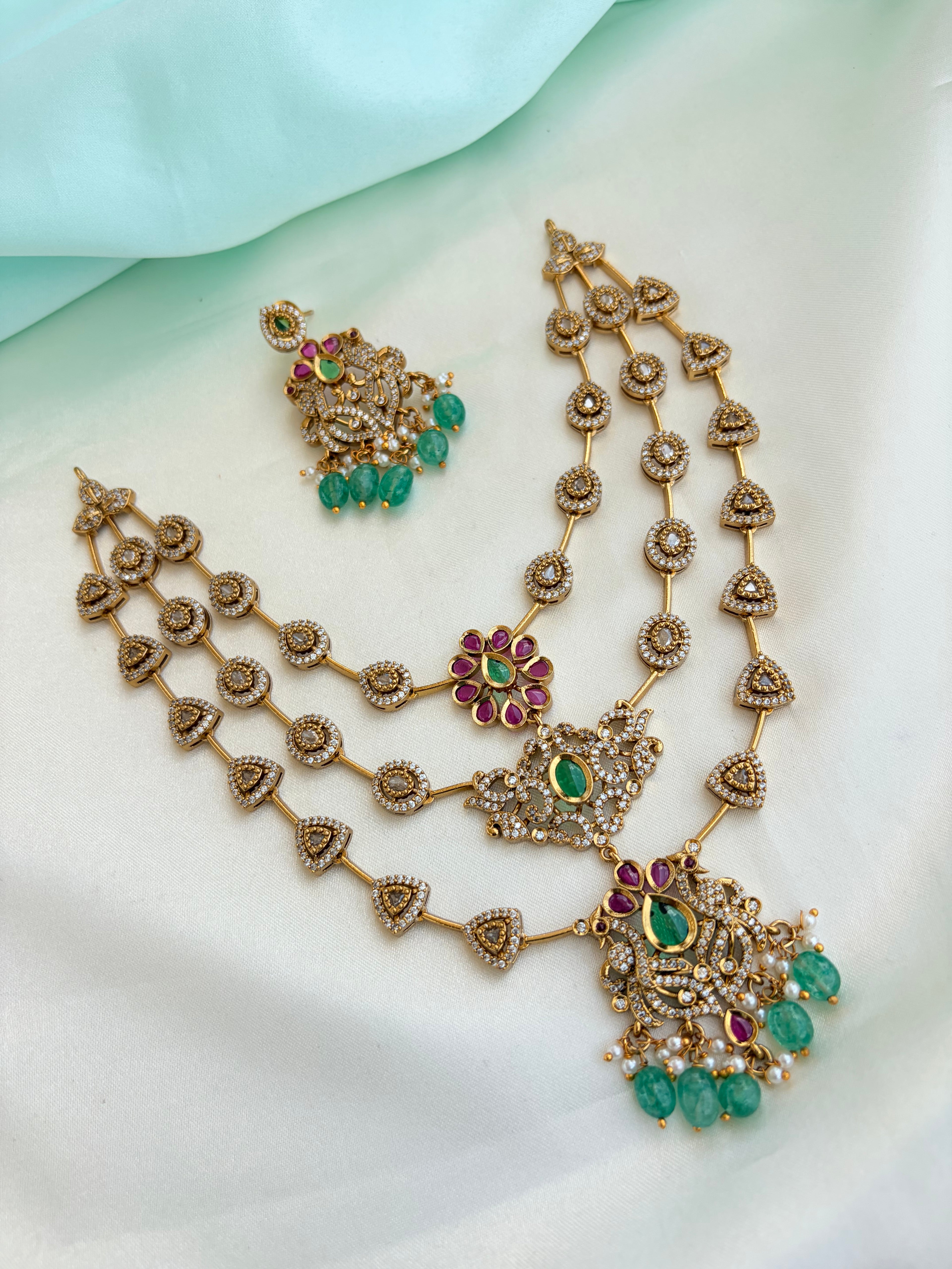3-Layer Antique Gold Polish CZ Haram Set with Emerald Green & Ruby Pink Accents with Earrings Ns216