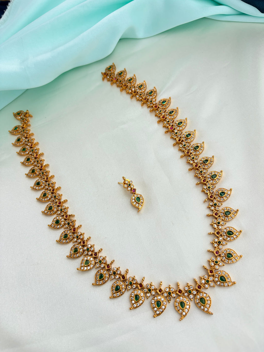 Premium Mango Motif Long Haram Set with Emerald and Ruby Stones with Earrings Lh598