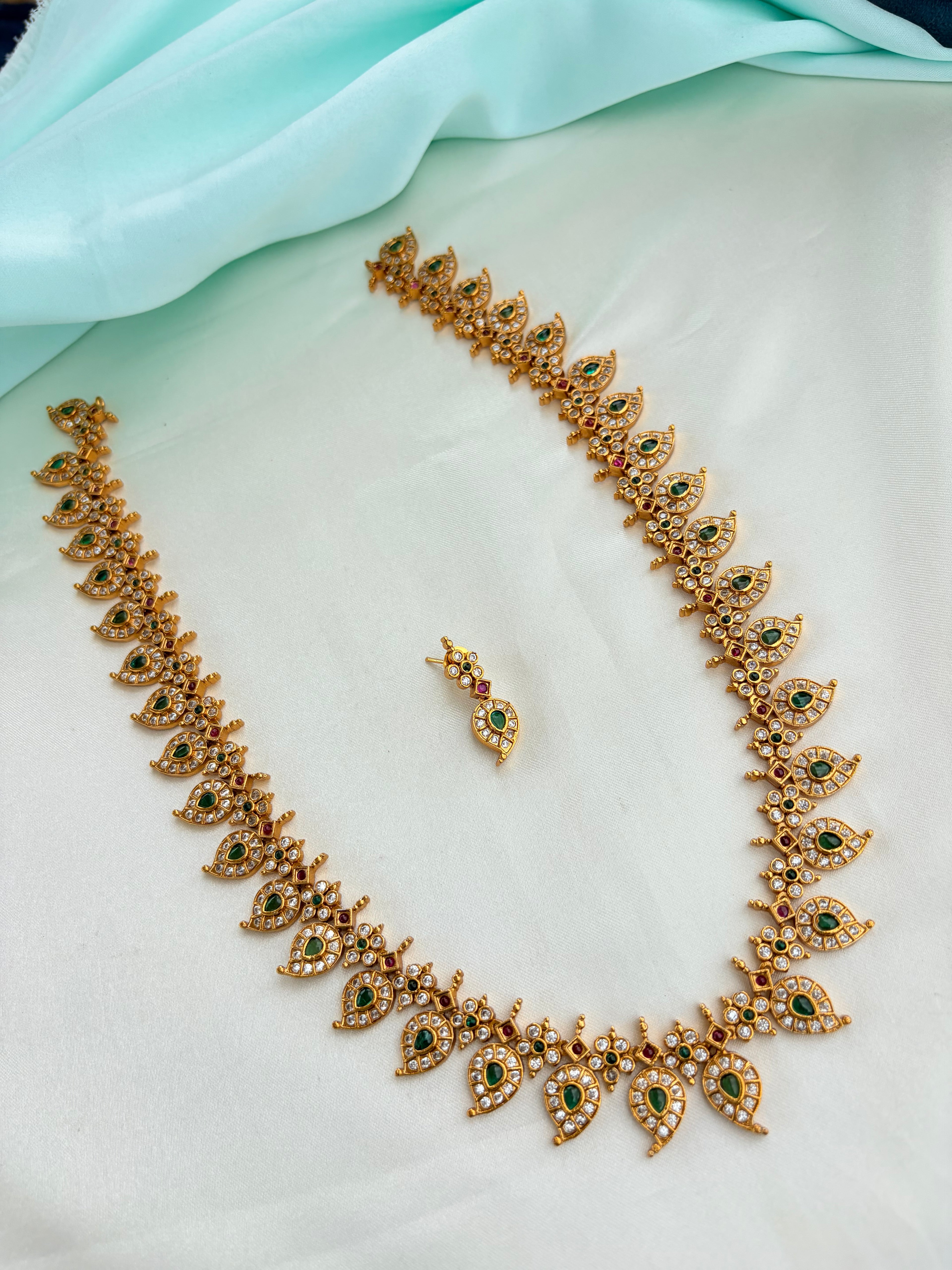 Premium Mango Motif Long Haram Set with Emerald and Ruby Stones with Earrings Lh598