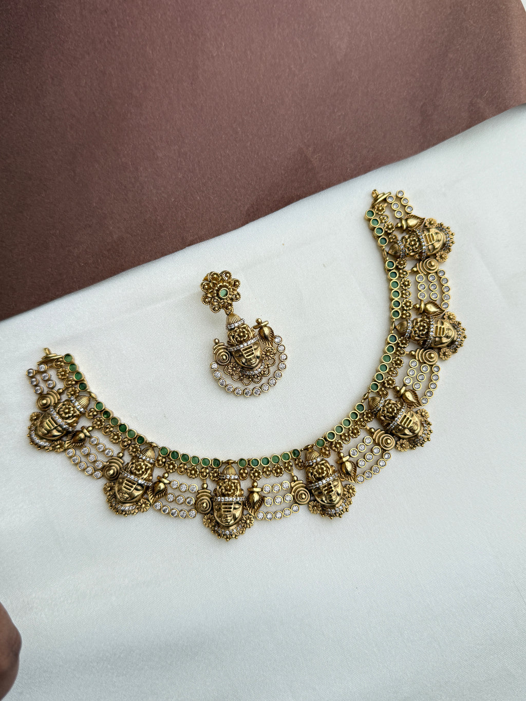 NS348 Lord Venkateshwara Neckset with earrings in green stones