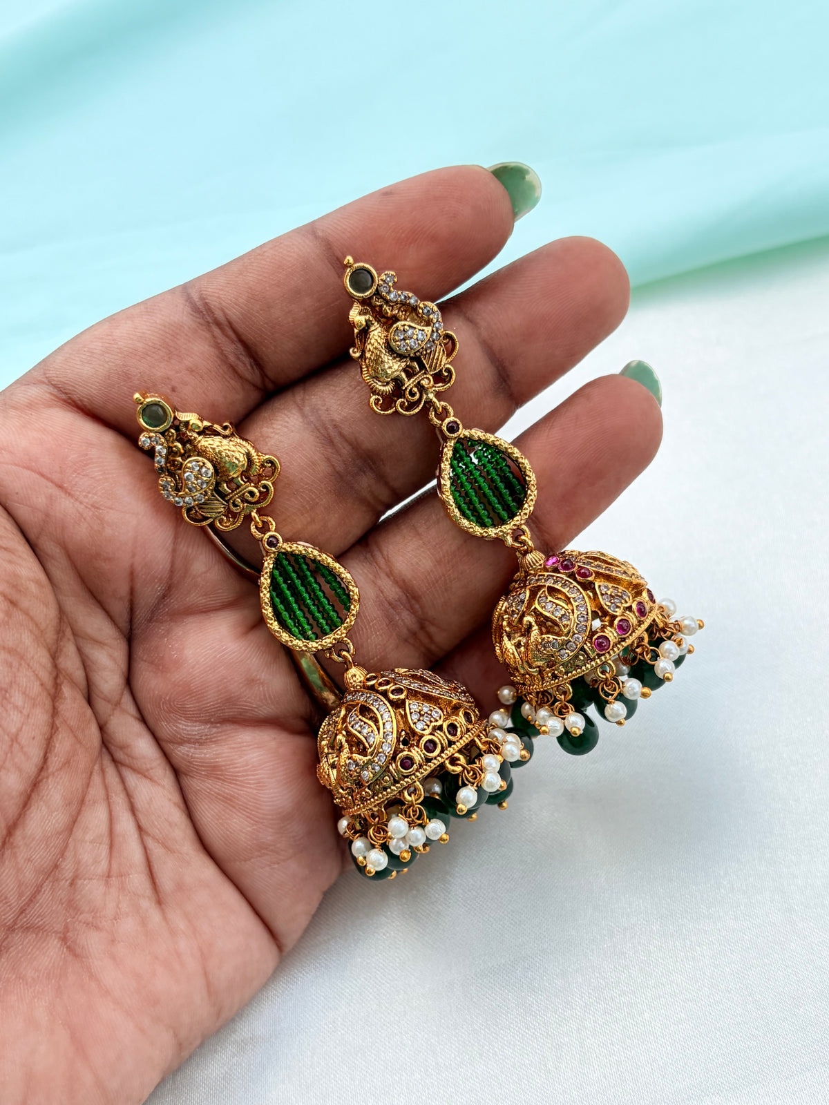Unique multi green and pink  peacock design butta earrings er945