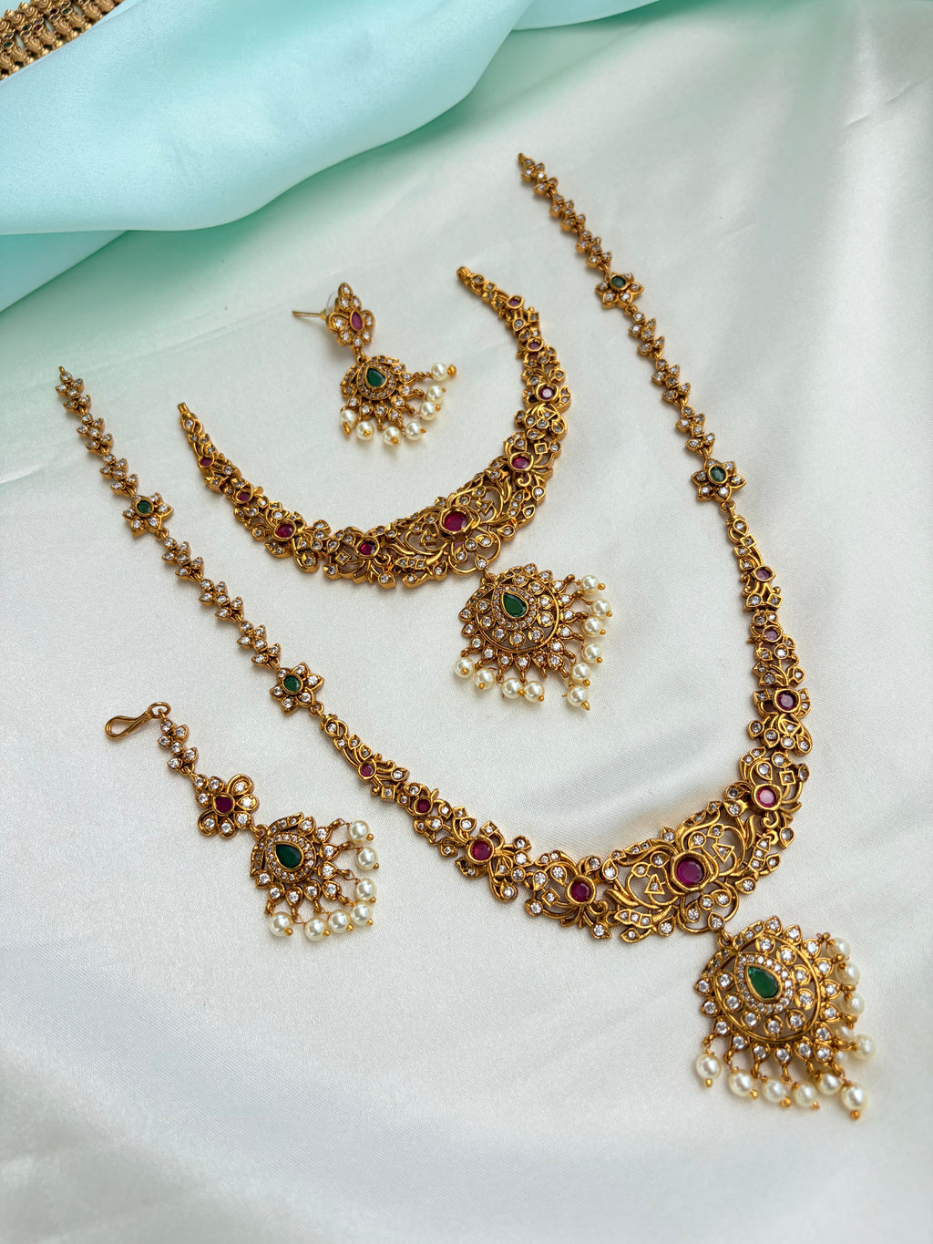 Ruby and Green Short Neckset and Long haram with Earrings and Tikka Ns837