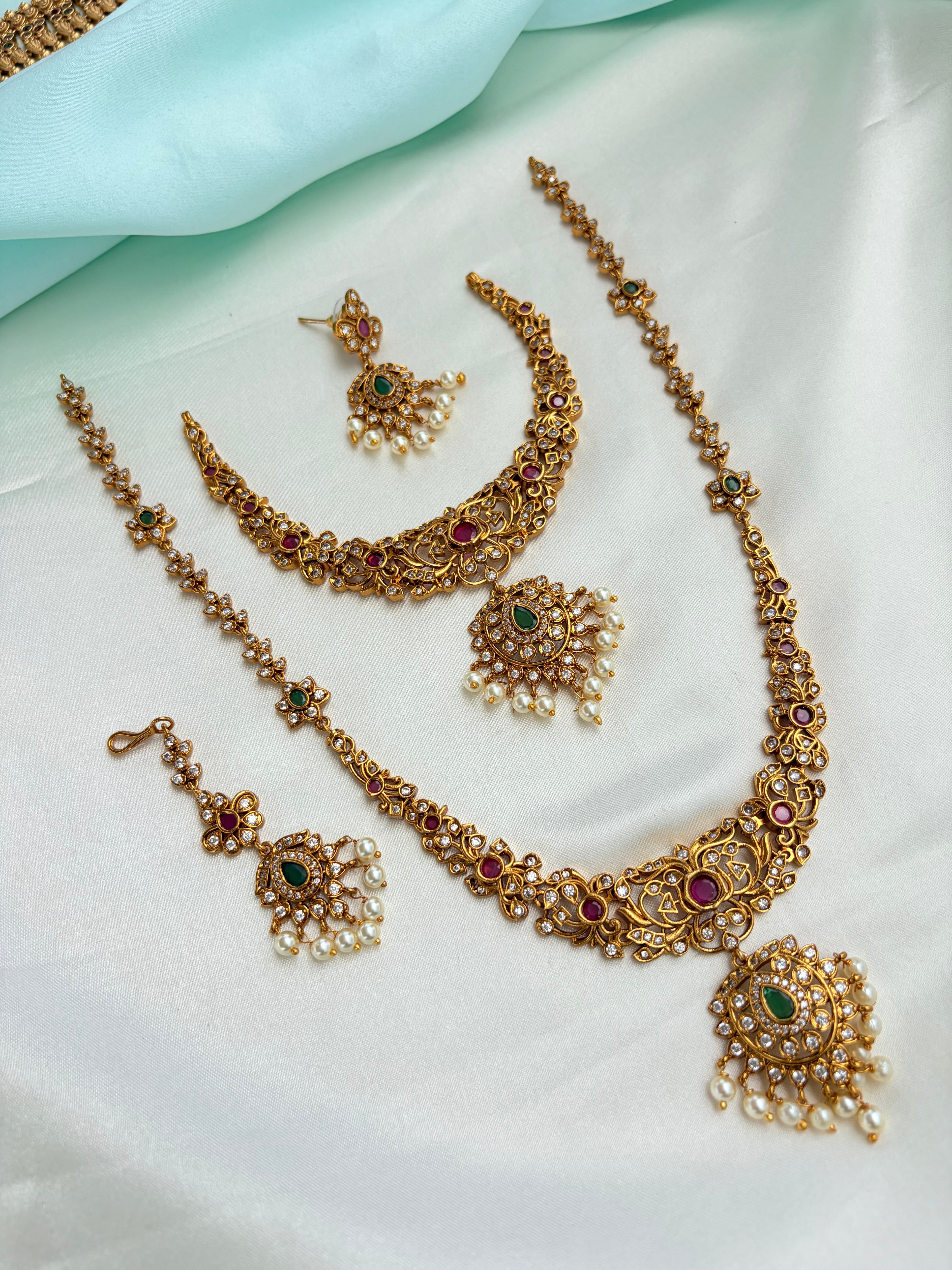 Ruby and Green Short Neckset and Long haram with Earrings and Tikka Ns837