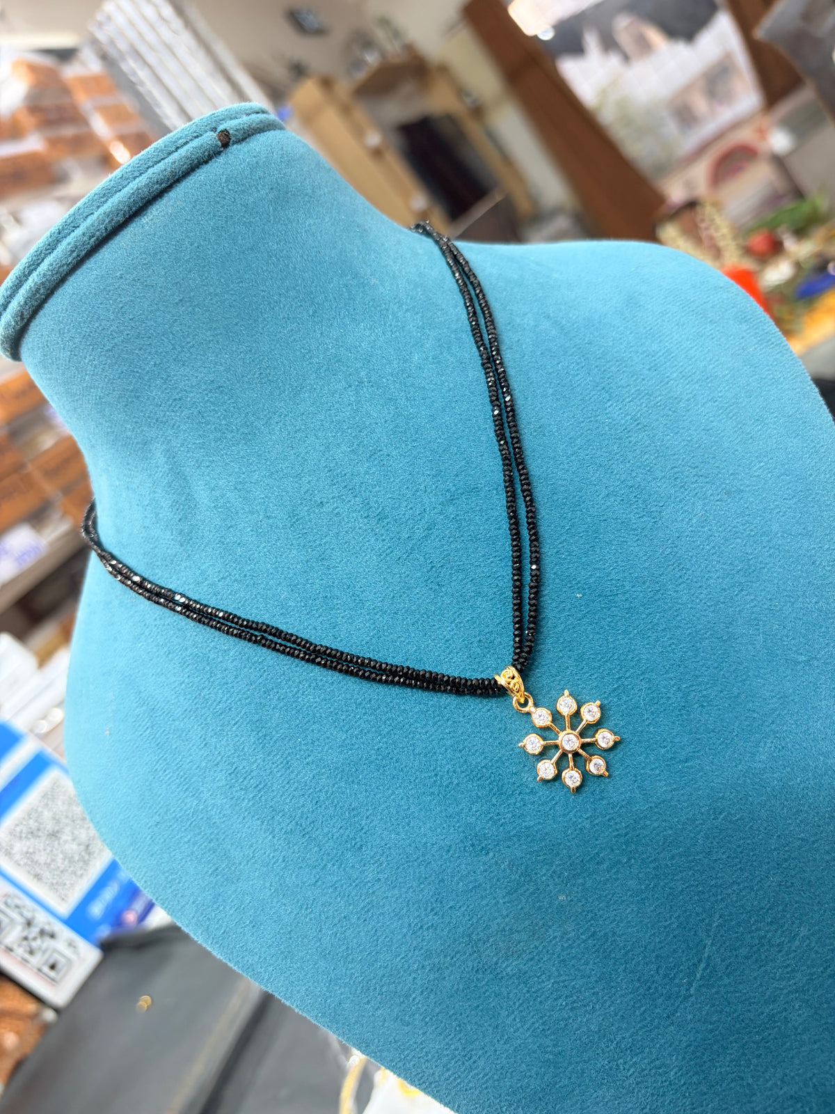 Crystal black beads with Panchaloham pendant 18 inches BB352