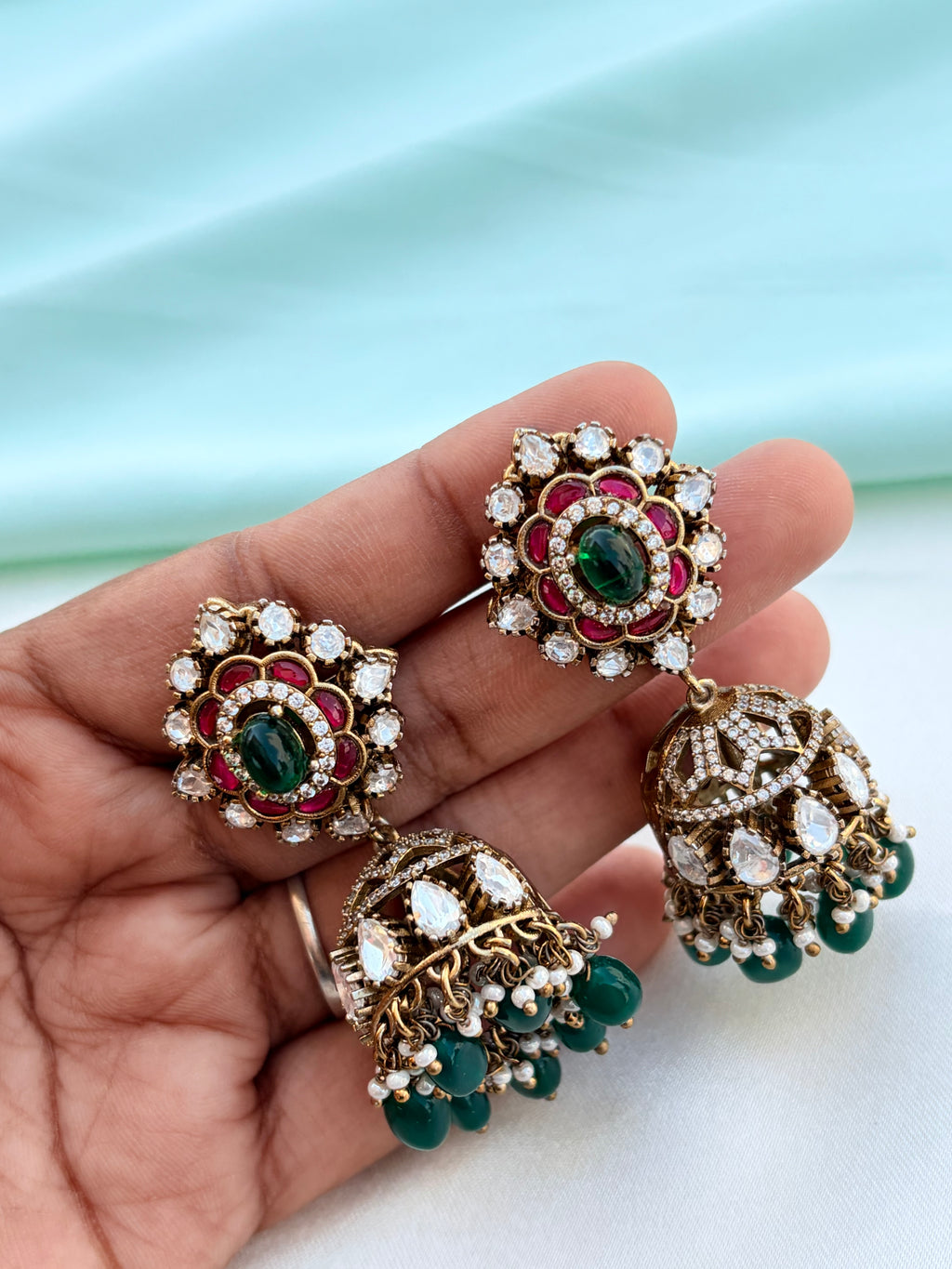 Moissanite Butta with green beads earrings Er953