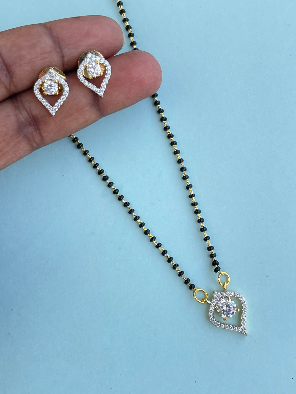 Diamond pendant with earrings single line blackbeads (mangalsutra) bb1638