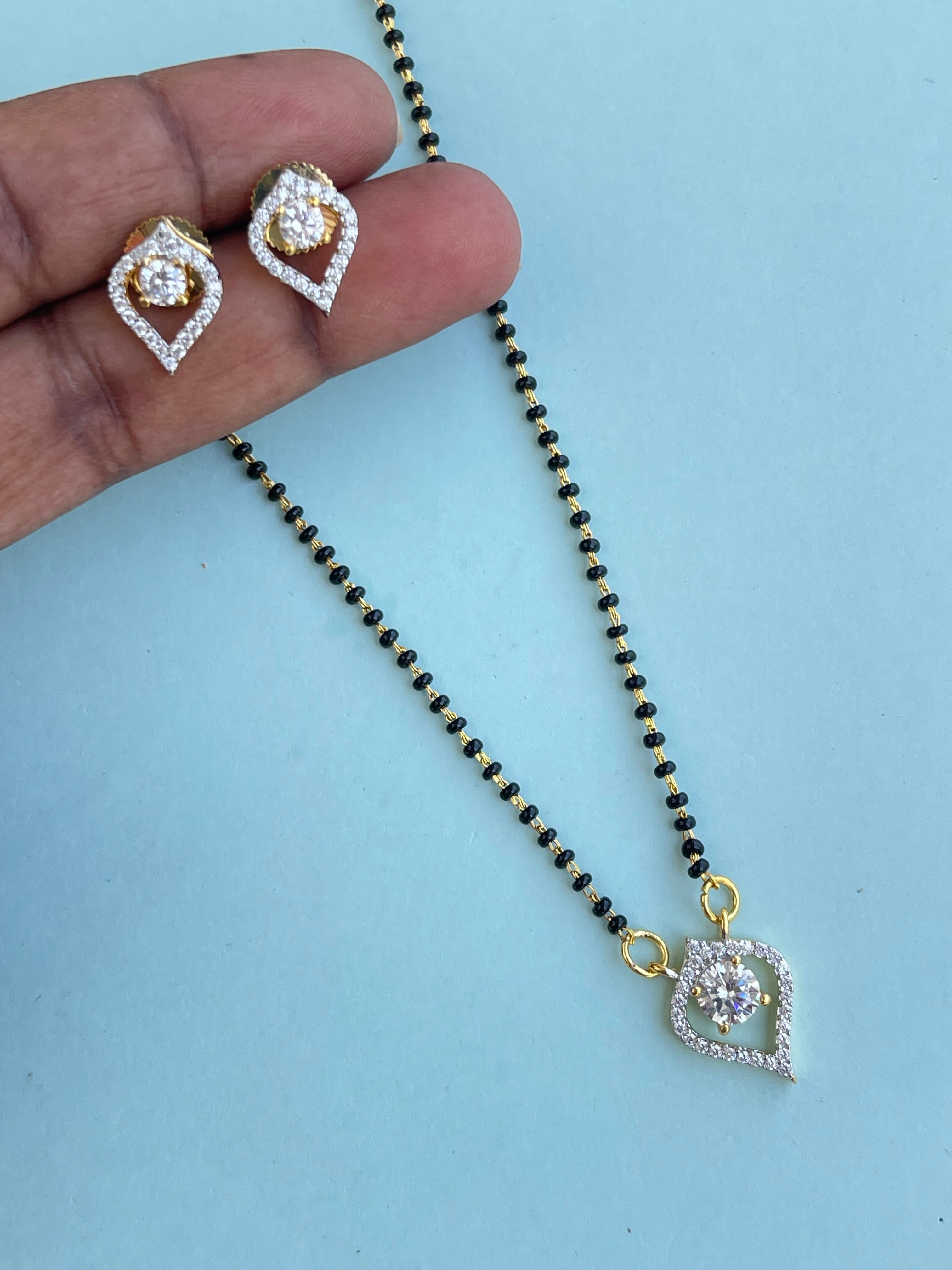 Diamond pendant with earrings single line blackbeads (mangalsutra) bb1638
