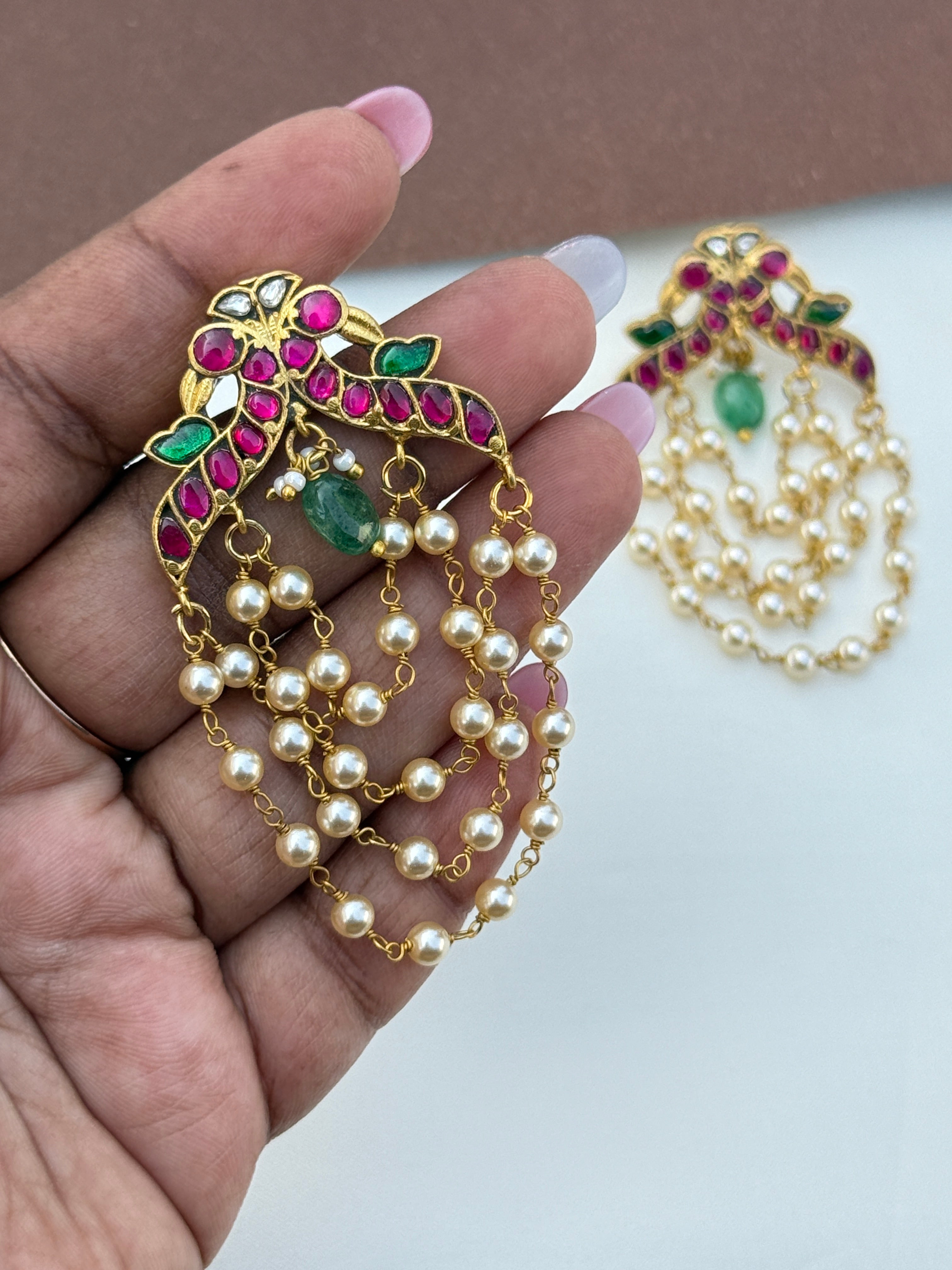 Er163 jadau kundan dual peacock chandbhali earrings